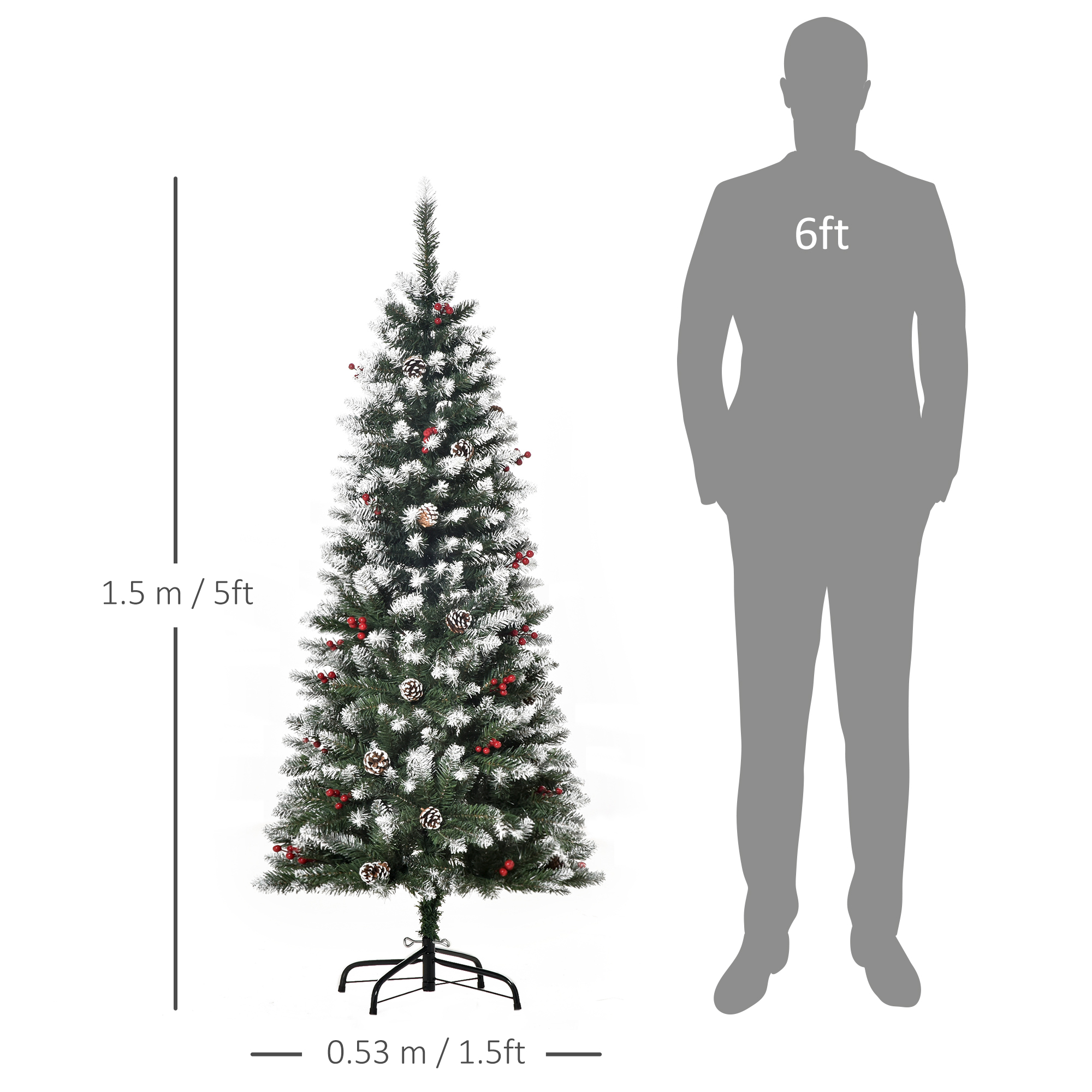HOMCOM 5FT Artificial Christmas Tree Xmas Pencil Tree with Red Berries and Pinecones Holiday Home Indoor Decoration with Foldable Feet, Green 3