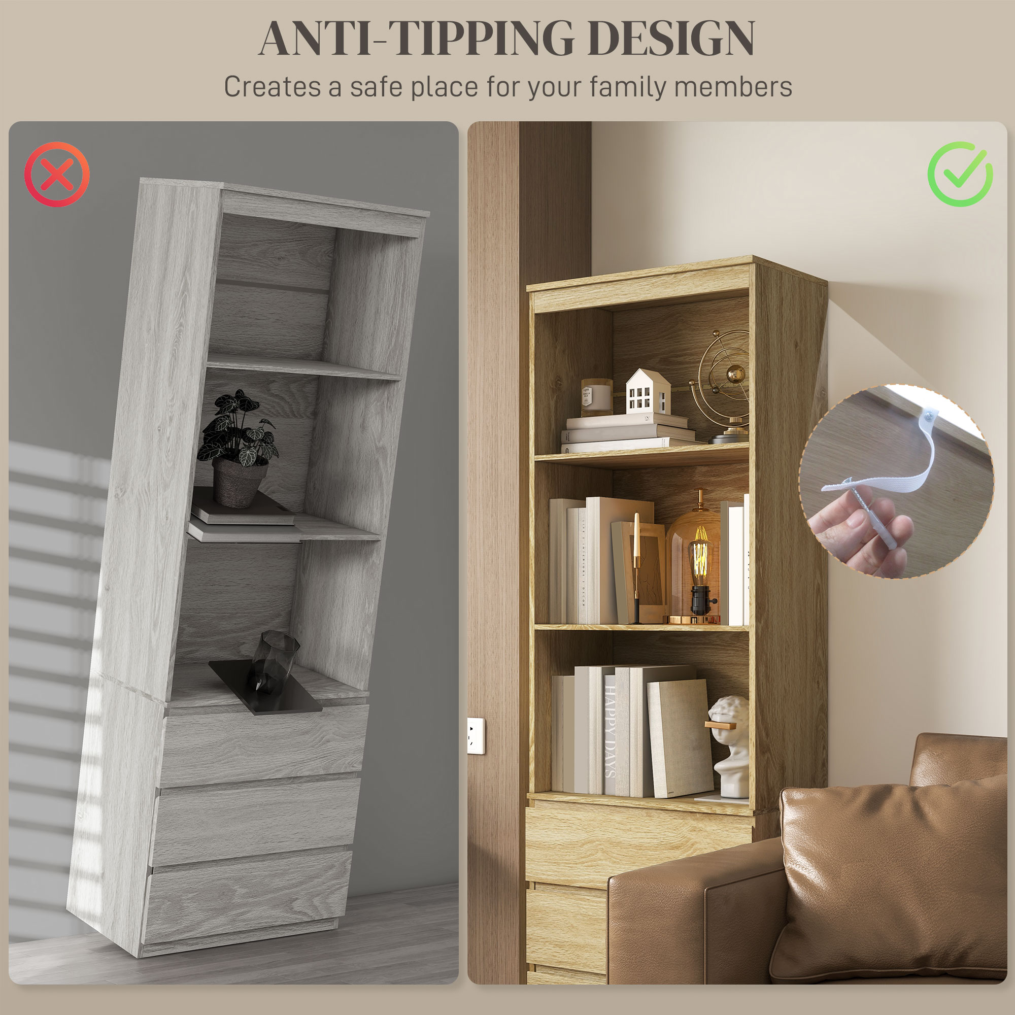 HOMCOM 180cm Tall Bookcase, with Shelves and Drawers Wood Effect 5