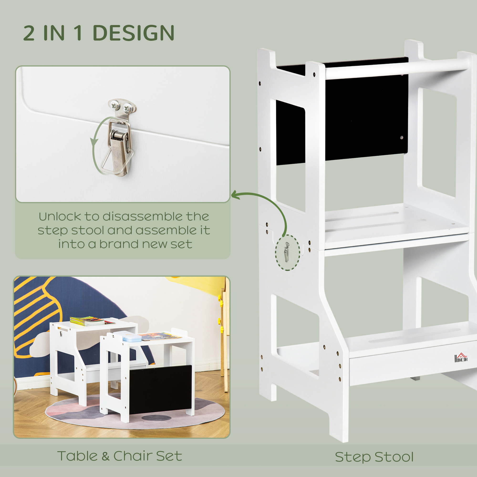 HOMCOM 2 in 1 Kids Kitchen Step Stool with Safety Rail Toddler Steps with Chalkboard for Kitchen Bathroom, White 4