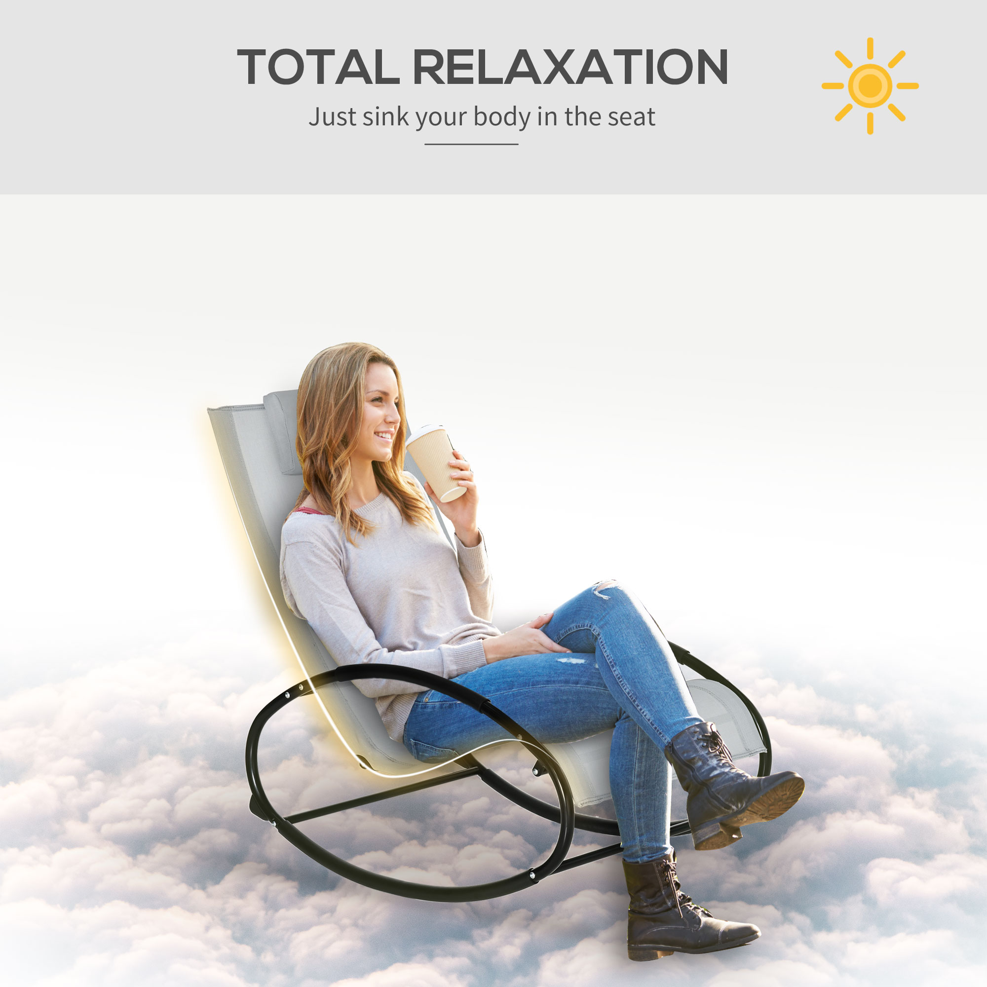 Outsunny Outdoor Rocking Chair Sun Lounger Recliner Rocker with Texteline Fabric Patio Garden Relaxer with Pillow Grey 7