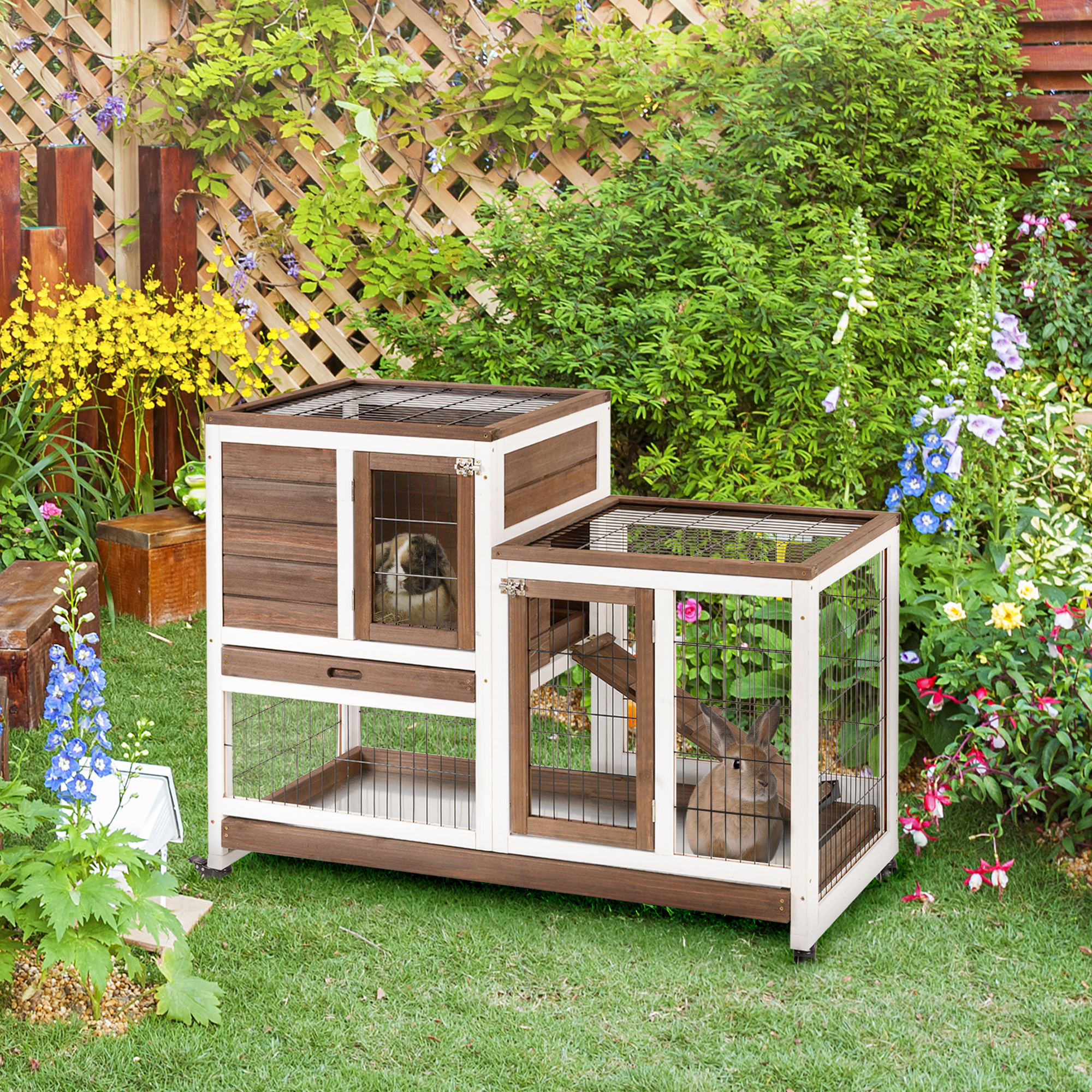 PawHut Two-Tier Rabbit Hutch Pet Cage, with Wheels Brown 2