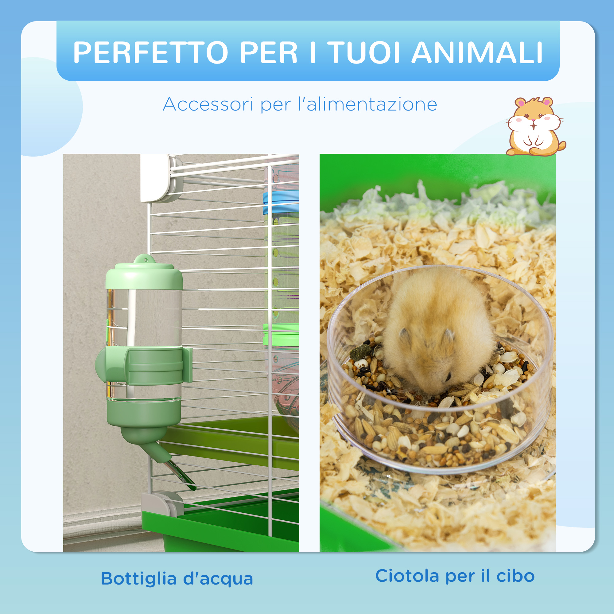 Gabbia Per Criceti PawHut A 5 Livelli Con Tubi, Casetta E Ruota - 59x36x69 Cm, Colore Azzurro, Per Piccoli Roditori