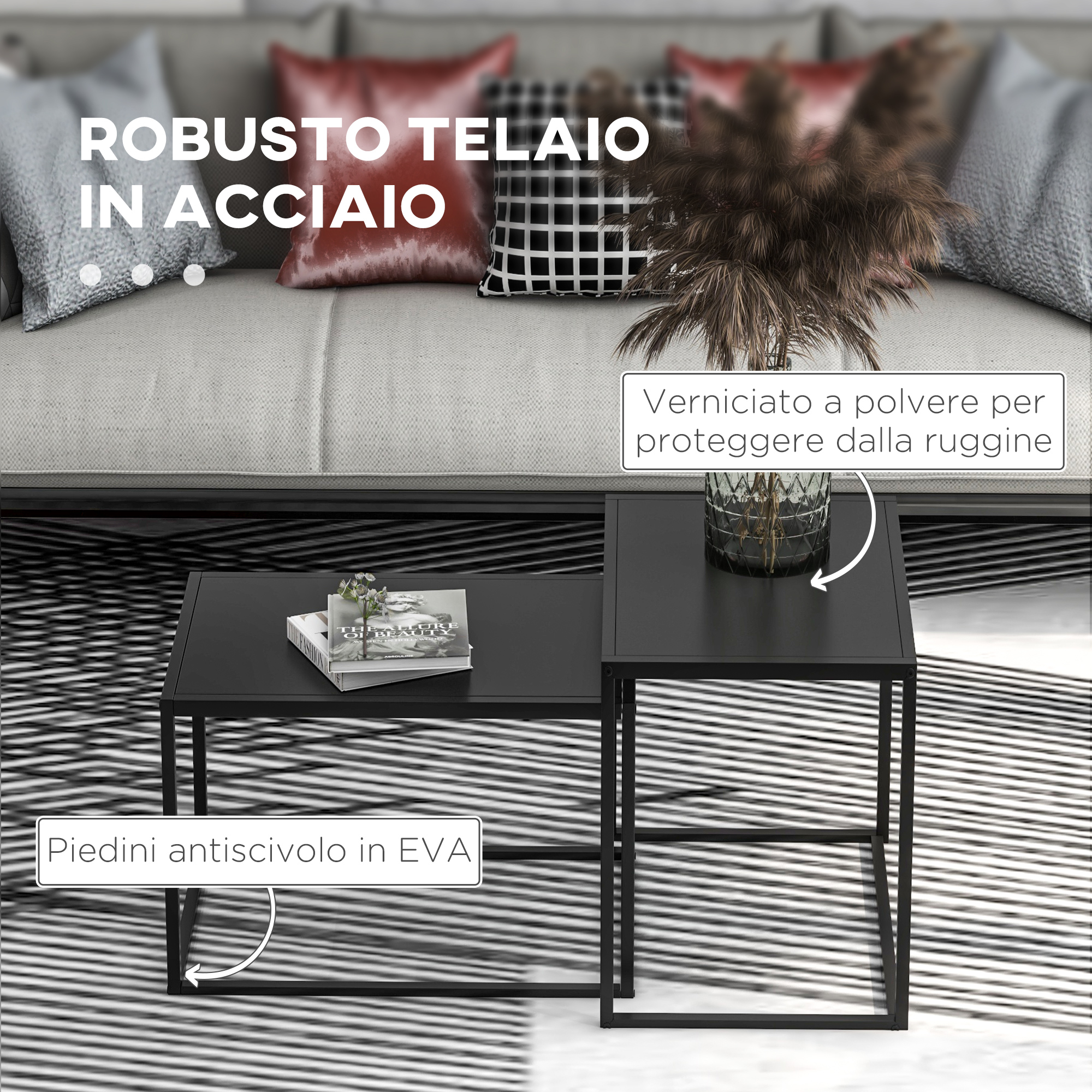 Set 2 Tavolini Nidificanti HOMCOM - Nero Opaco, Stile Industriale, Acciaio, Dimensioni 40x40 E 35x35 Cm