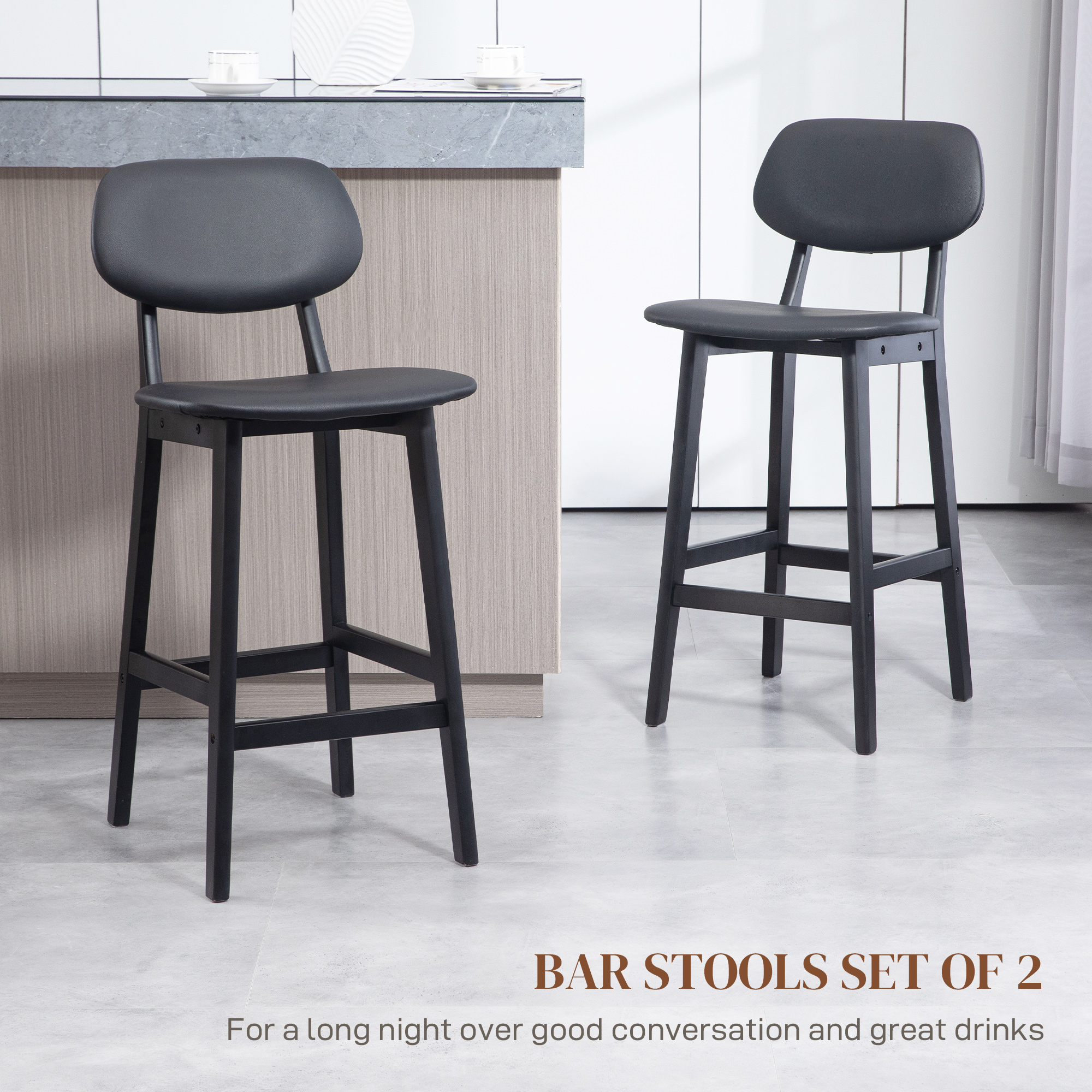 HOMCOM Set of Two Wooden Classic Bar Stools, with Faux Leather Seats Black 4