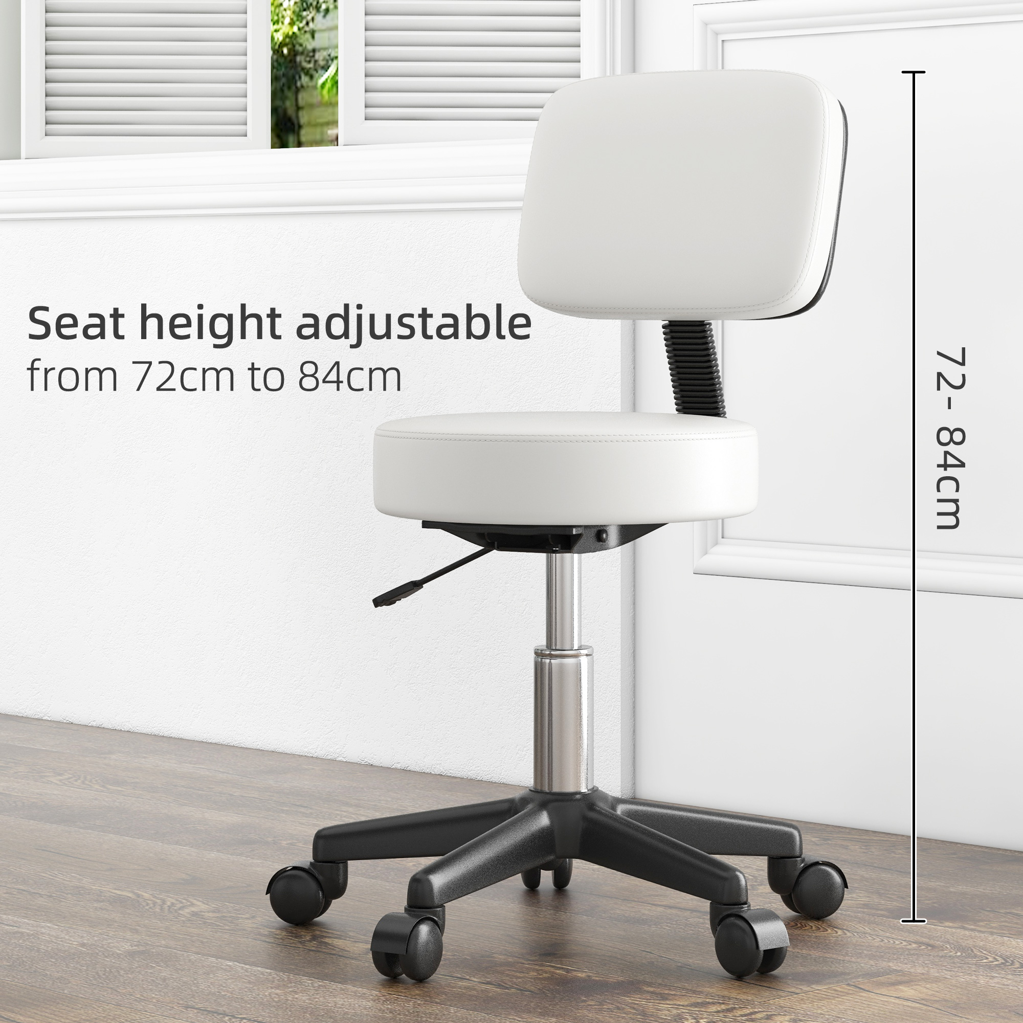 HOMCOM Beautician's Swivel Salon Chair w/ Padded Seat Back 5 Wheels Adjustable Height Salon Hairdressers Tattoo Spa Rolling Cushion Professional 48cm White 7