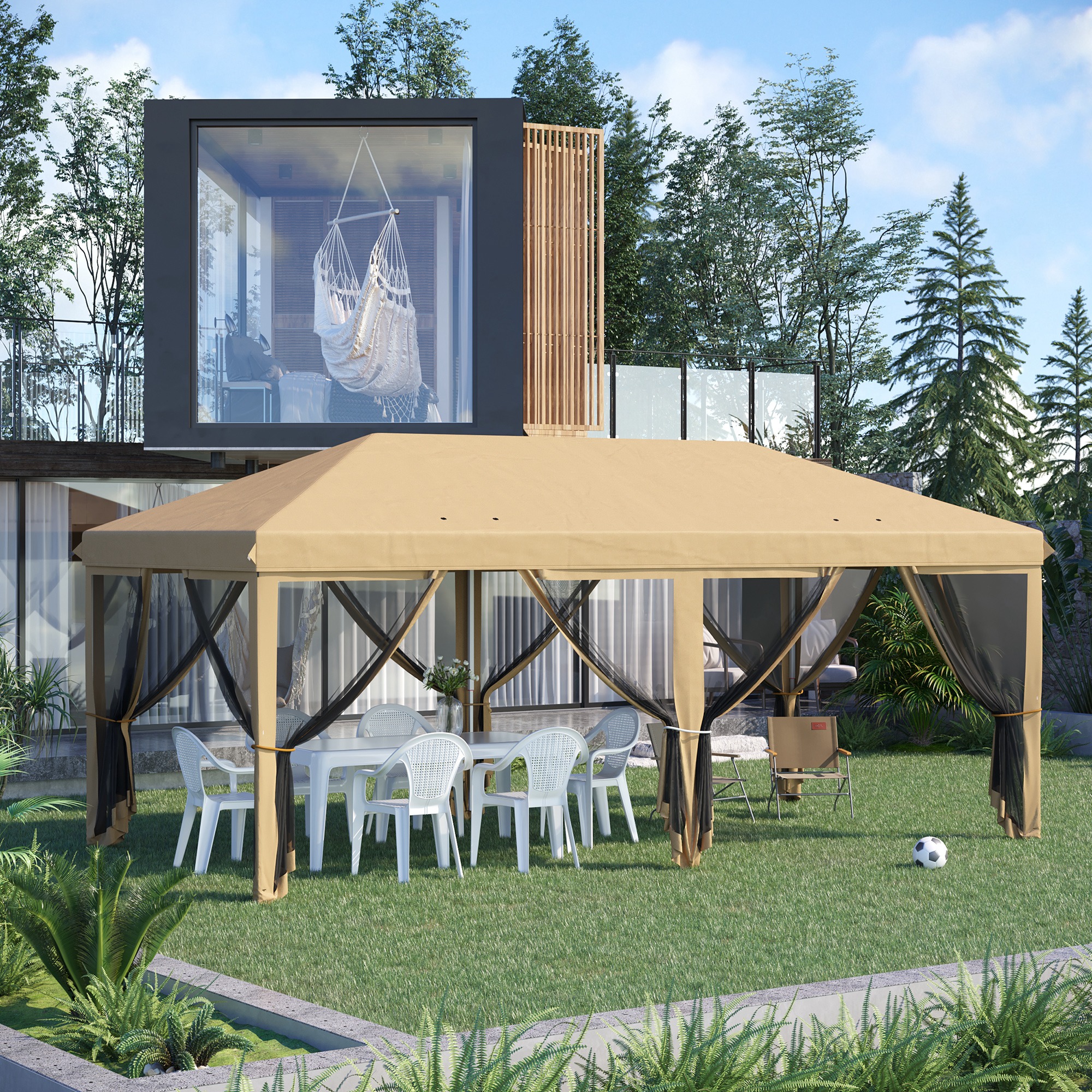 Outsunny 3 x 6m Pop Up Gazebo, Outdoor Canopy Shelter, Marquee Party Wedding Tent with 6 Mesh Walls and Carry Bag, Beige 2