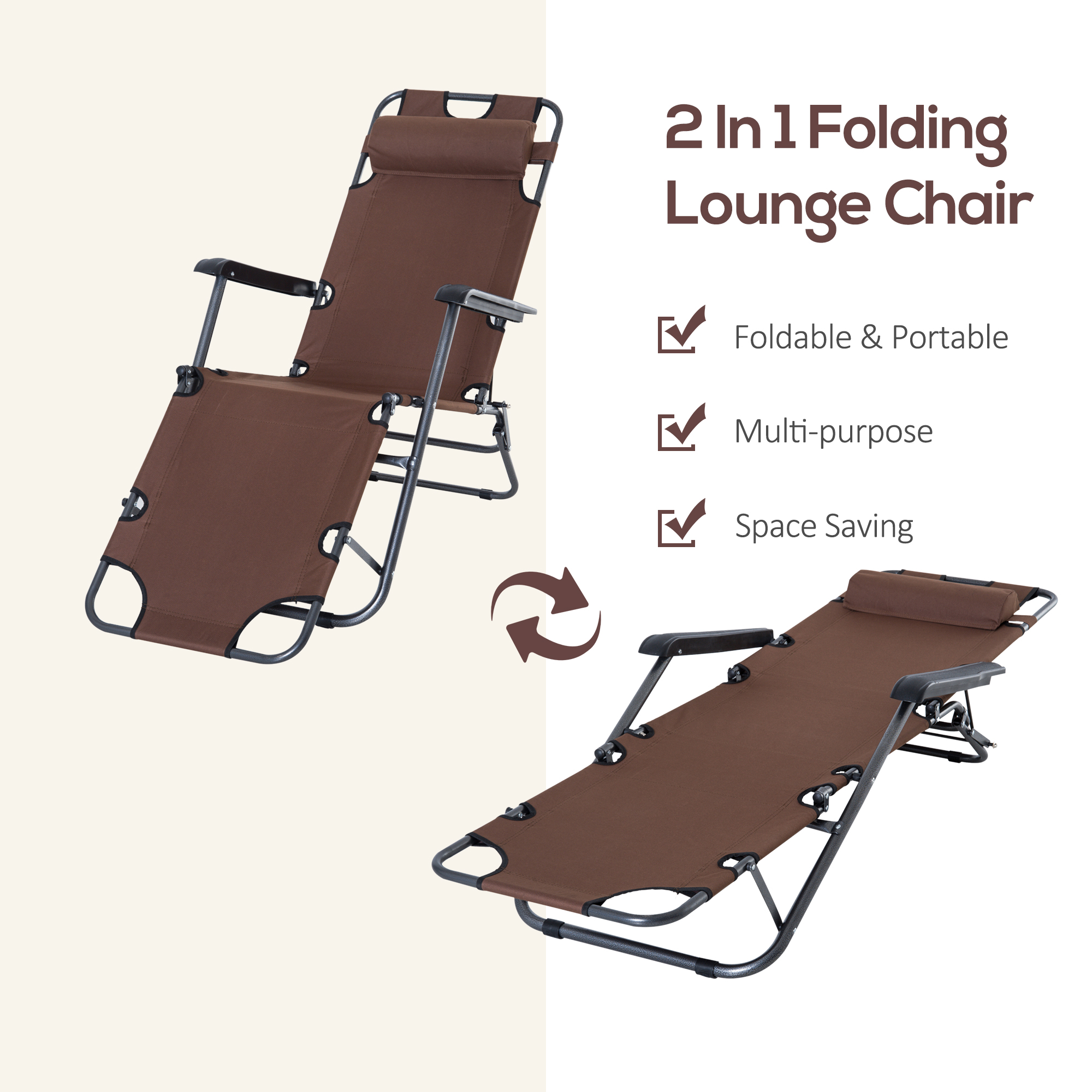 Outsunny 2 in 1 Folding Sun Lounger Reclining Garden Chair Set of 2 with 2-Level Adjustable Backrest, Outdoor Zero Gravity Recliner Garden Chairs with Head Pillow and Armrests, Brown 4