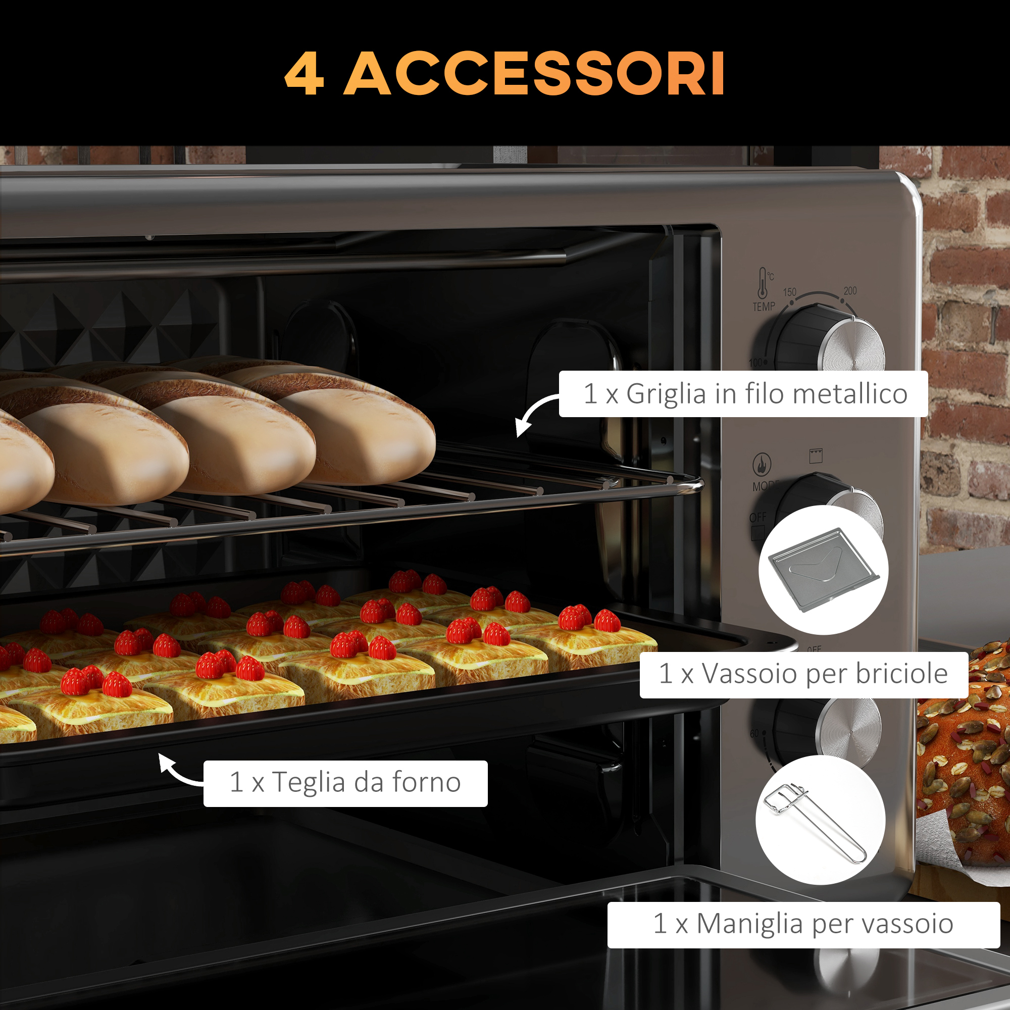 Forno Elettrico HOMCOM 16L 1400W - Timer 60 Min, 3 Modalità Cottura, Con Teglia E Griglia