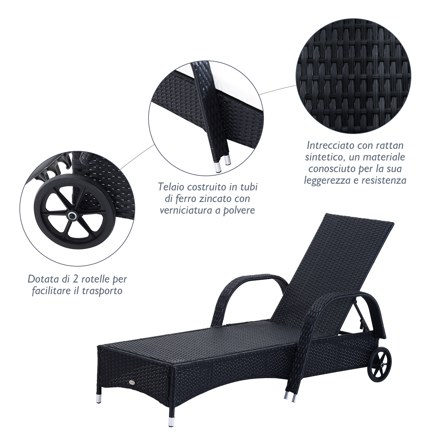 Set Di 2 Lettini Prendisole WAROOM In Rattan Nero, Regolabili, Con Cuscino Grigio E Mensola, Per Esterni