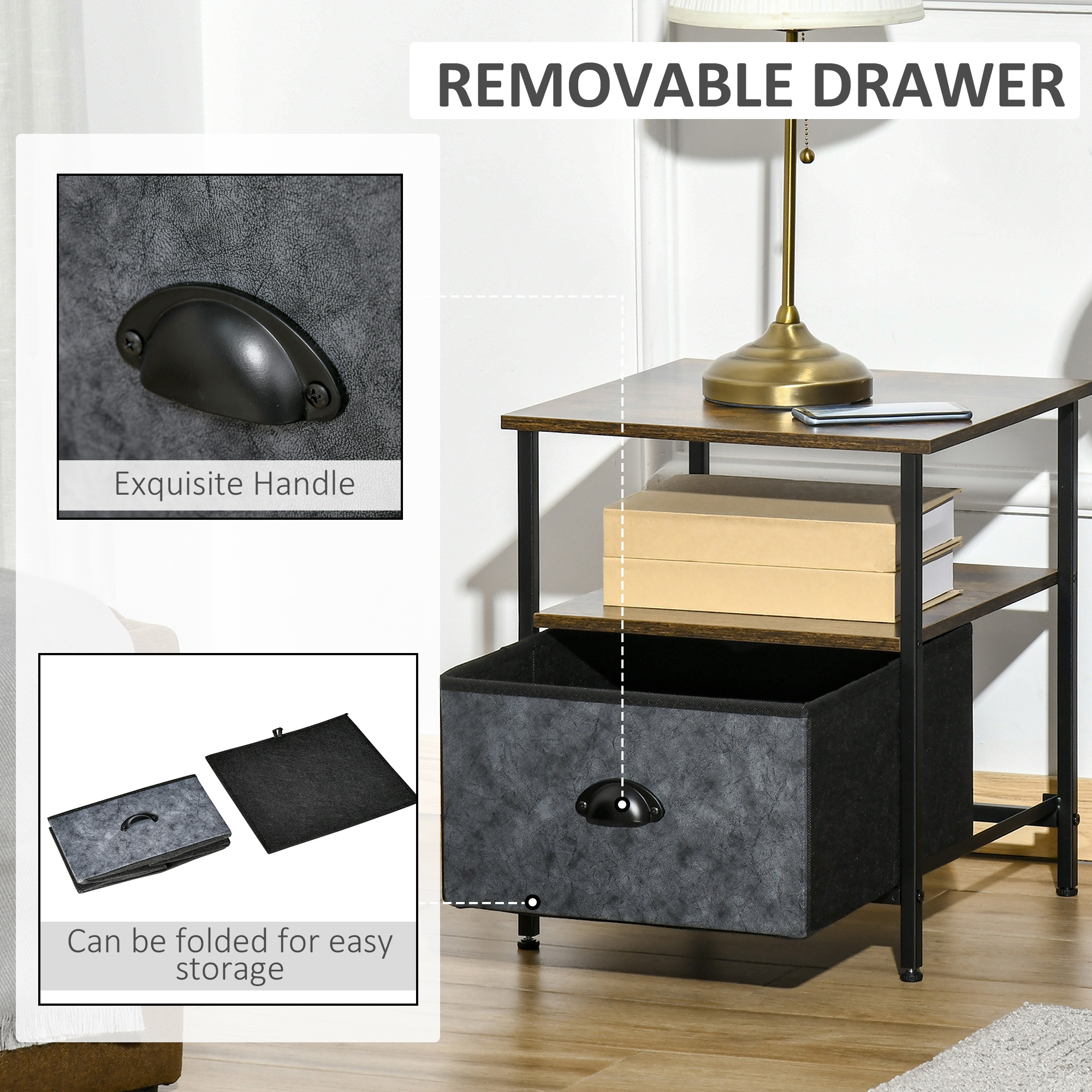 HOMCOM Set of 2 Bedside Table, Nightstand with Non-Woven Fabric Drawer, Side Table, End Table for Living room, Bedroom, Rustic Brown 7