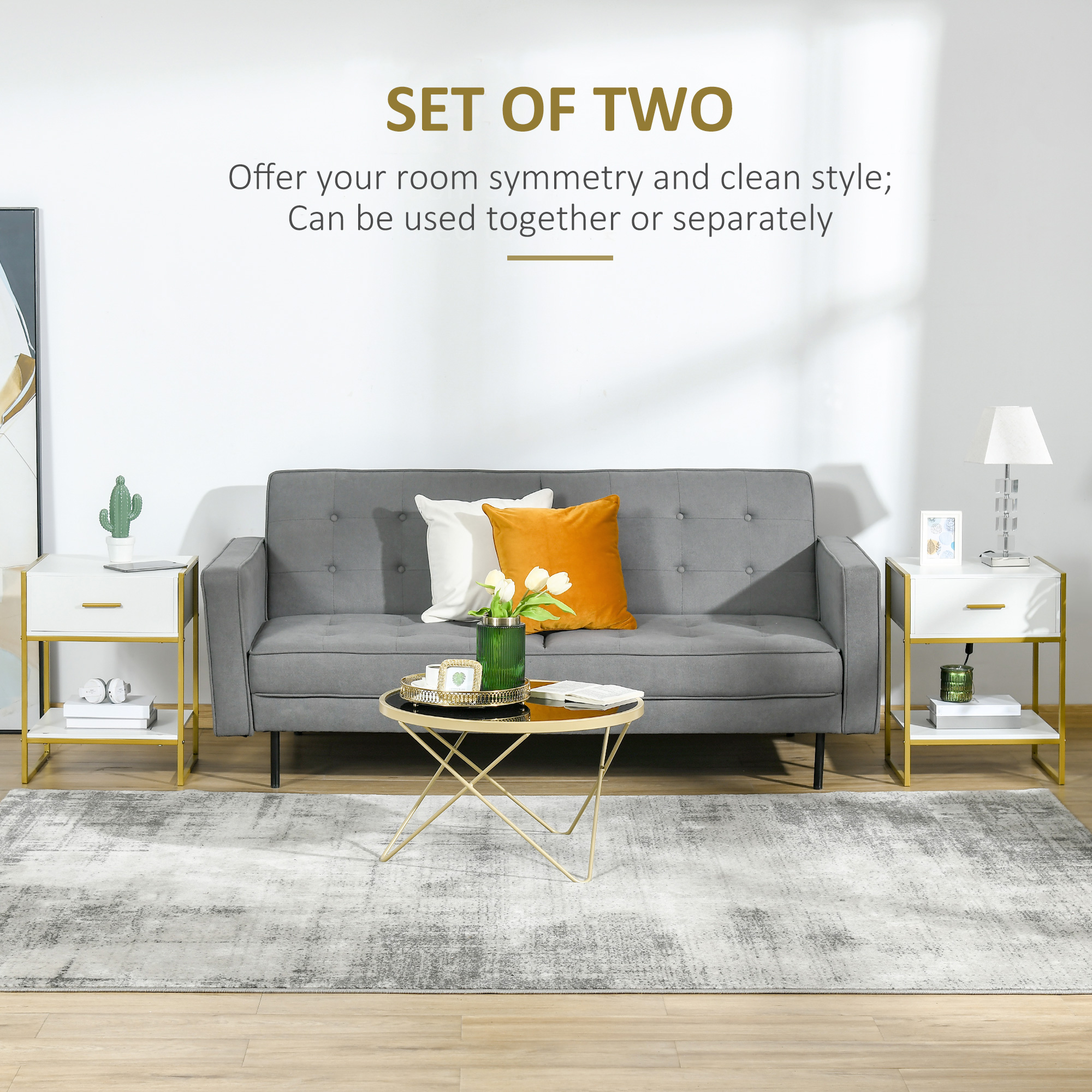 HOMCOM Set of Two Elegant Bedside Tables White/Gold-Tone 4