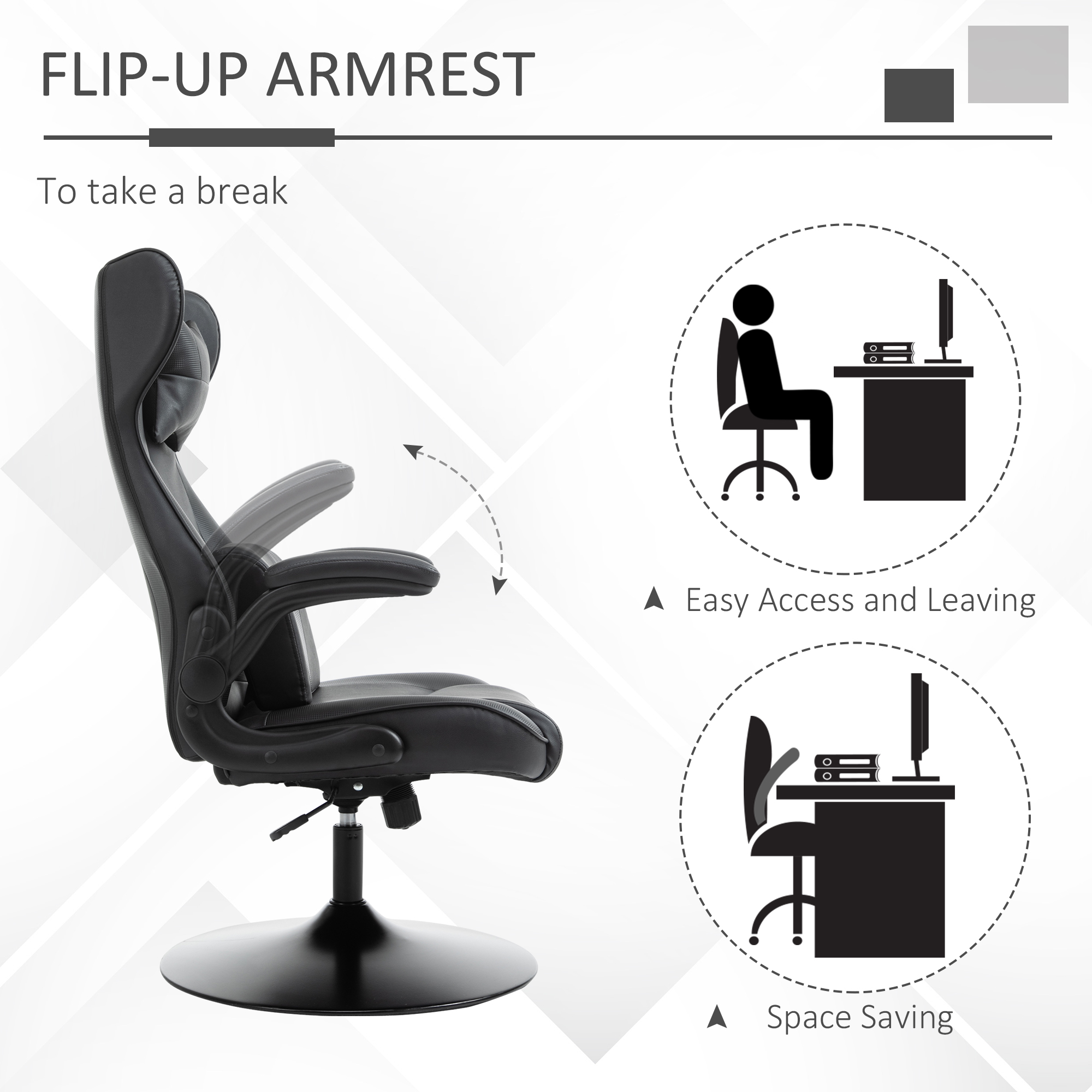 Vinsetto Video Game Chair with Lumbar Support, Racing Style Home Office Chair, Computer Chair with Swivel Base, Flip-up Armrest and Headrest, Black 4