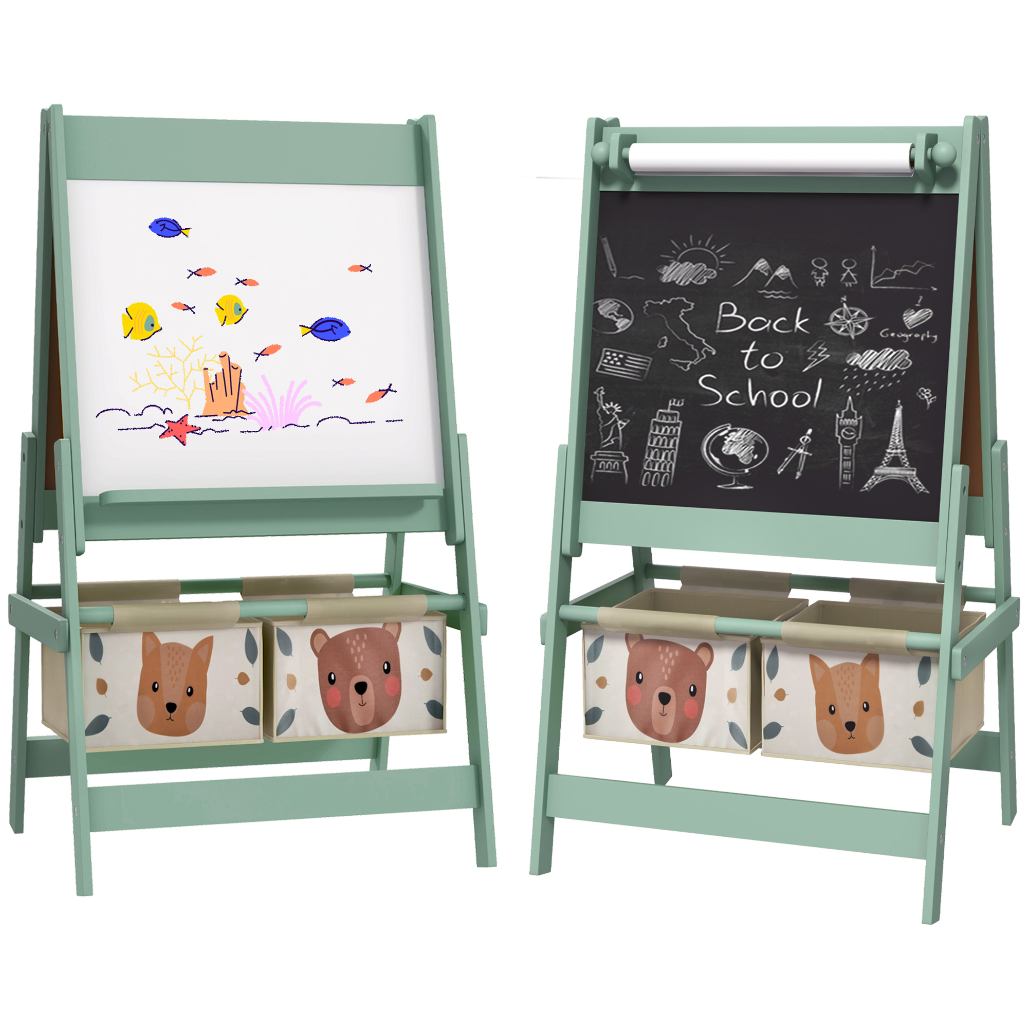 AIYAPLAY Caballete Infantil 3 en 1 Caballete para Niños de Doble Cara con Rollo de Papel Pizarras y 2 Cestas 54x46,5x93 cm Verde   Aosom España