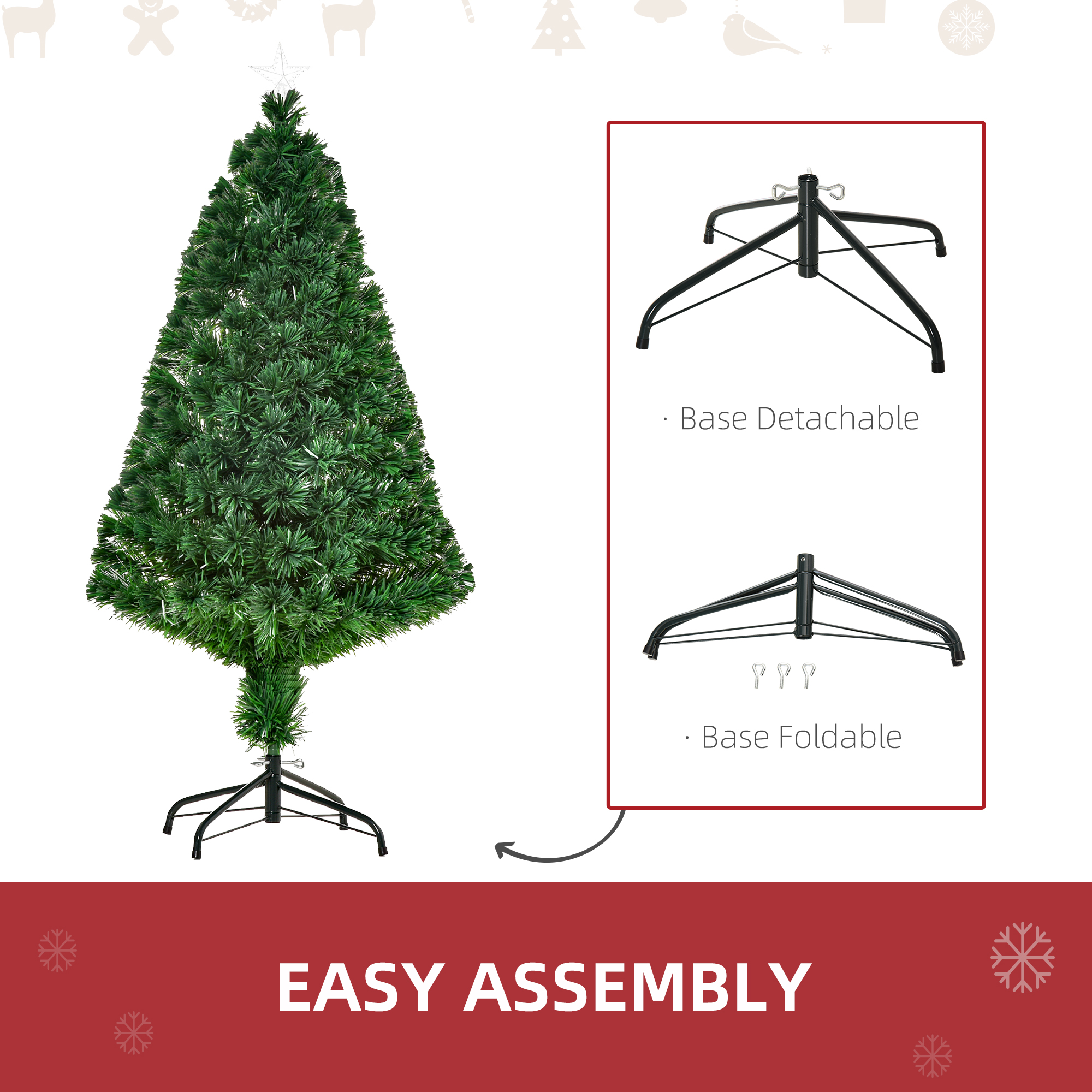 HOMCOM 4FT Pre-Lit Fibre Optic Artificial Christmas Tree Holiday Xmas Décor with Tree Topper Multi-Colour 6