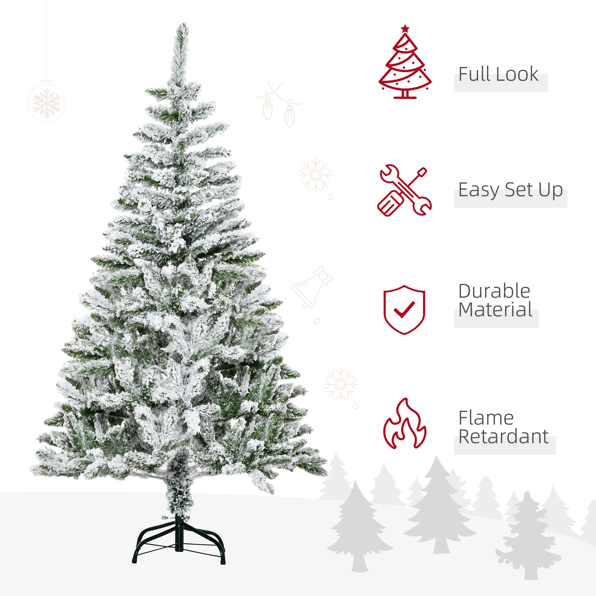 HOMCOM 5 Ft Snow Flocked Artificial Christmas Tree Xmas Pine Tree with Realistic Branches, Auto Open and Steel Base, Green 4