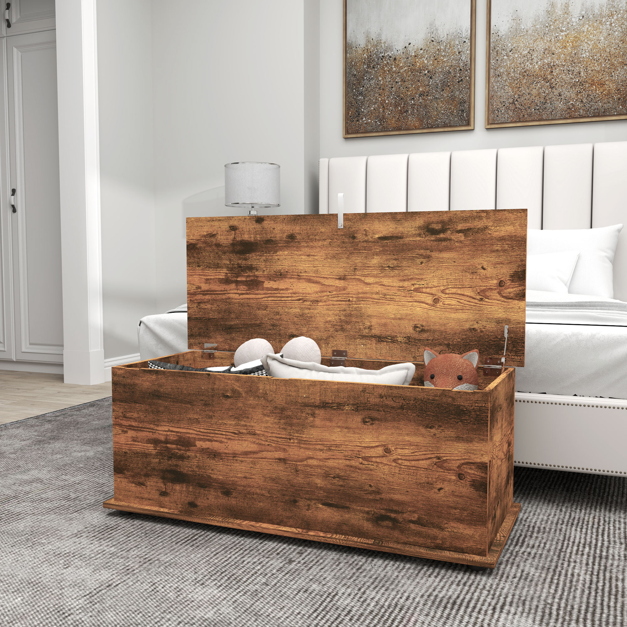 HOMCOM 113L Storage Chest, Storage Box with Flip-Top Lid and 2 Safety Hinges, Storage Trunk for Living Room, Entryway, 100 x 40 x 40 cm, Rustic Brown 8