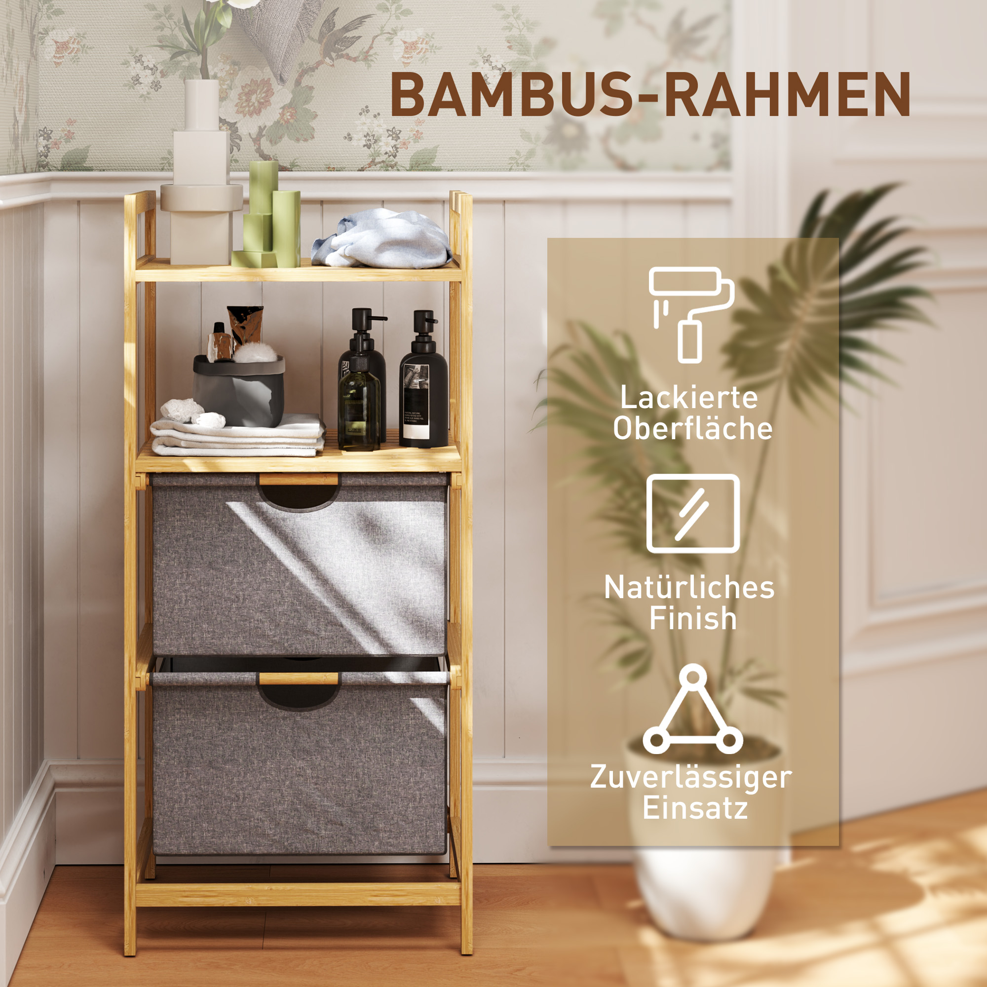 Bambusest pesuriiul kahe riidest pesukorviga, avatud riiulid, ruumisäästlik, naturaalne puit