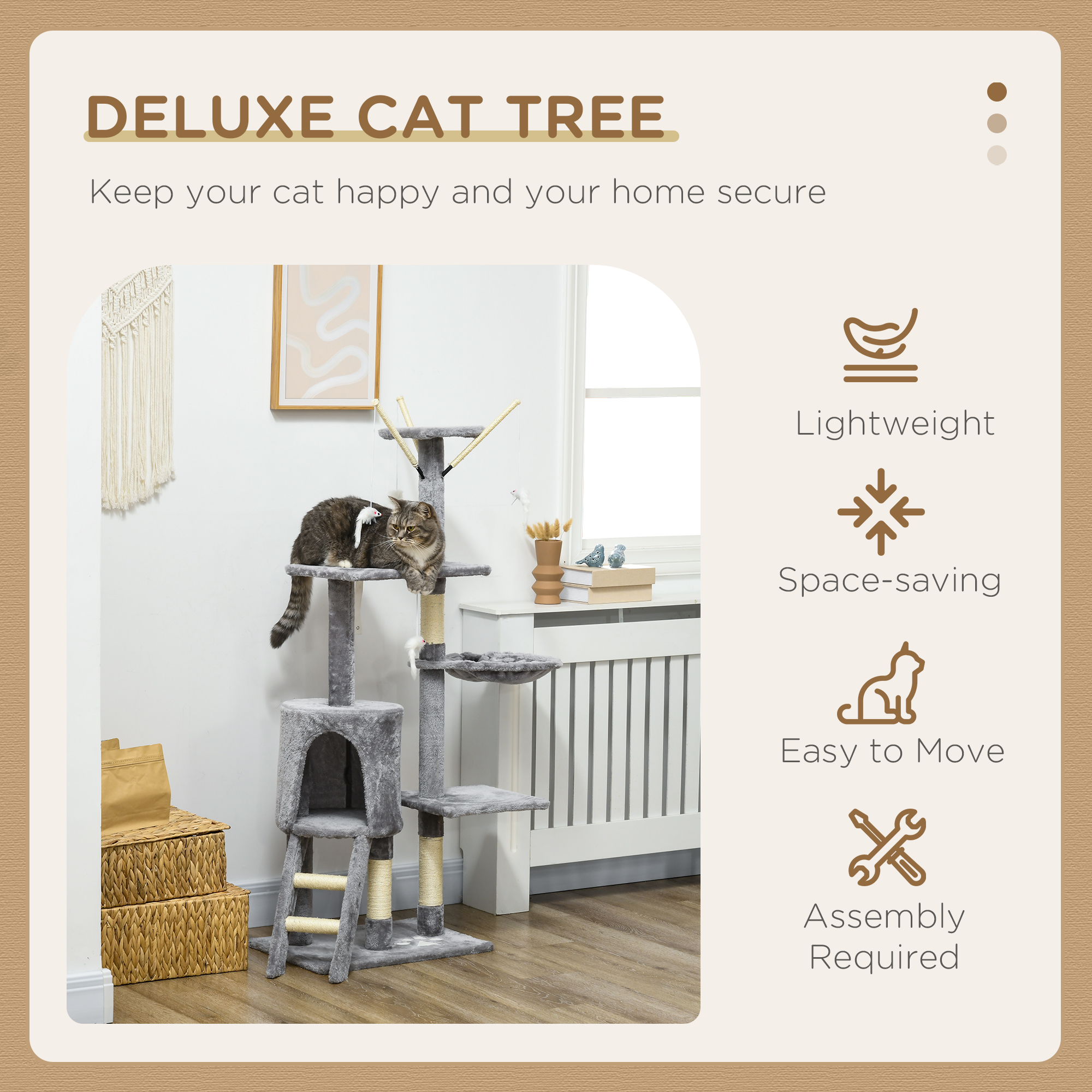 PawHut Cat Scratching Post Cat Tree for Indoor Cats Climbing Tower Scratcher w/ Ladder Kitty Activity Centre 135cm Grey 4