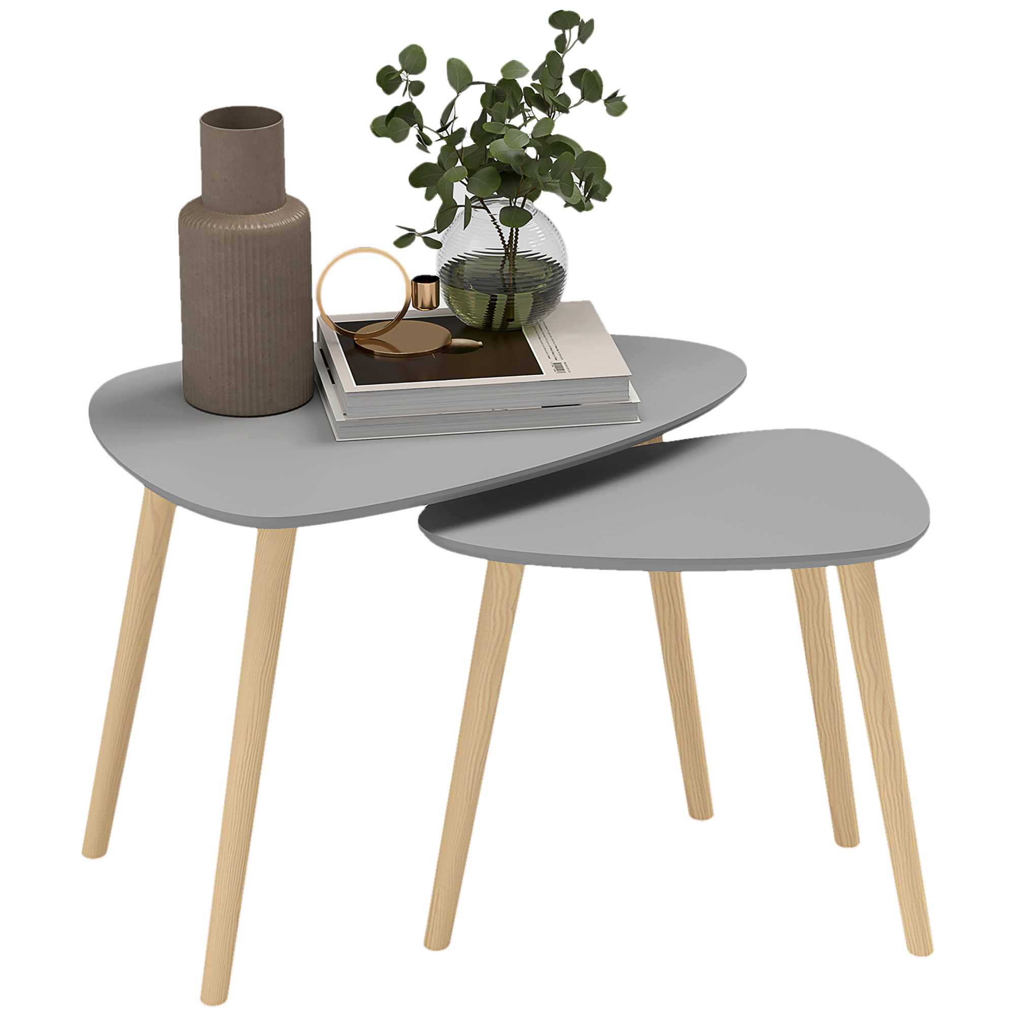 HOMCOM Juego de 2 Mesas Auxiliares Mesas Nido con Patas de Madera 59,5x39,5x45 cm y 44,5x28,5x40 cm Gris y Natural