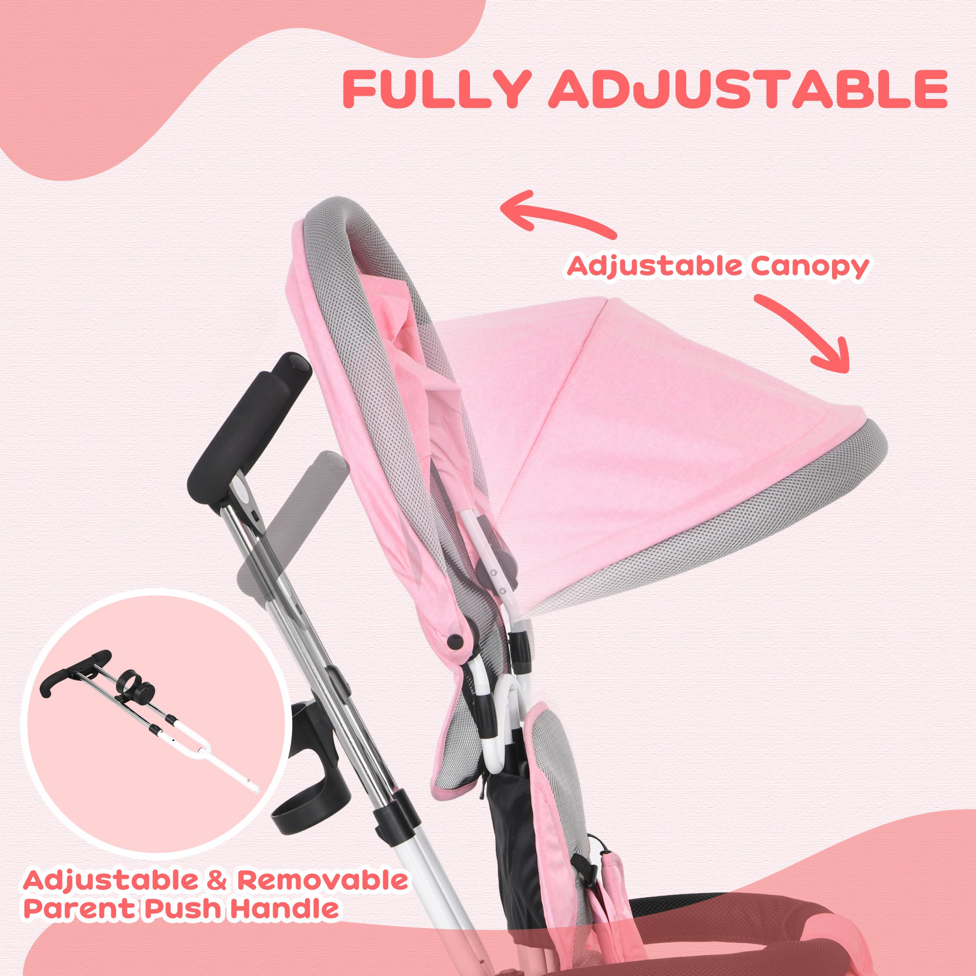 HOMCOM 6 in 1 Kids Trike Push Bike w/ Push Handle, Canopy, 5-point Safety Belt, Storage, Footrest, Brake, for 1-5 Years, Pink 5