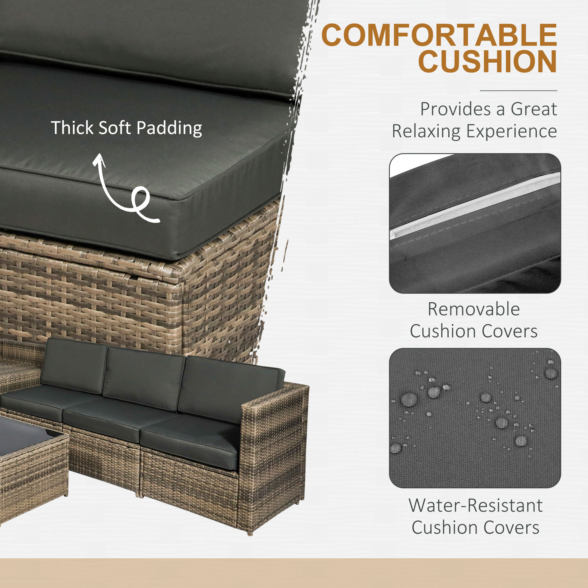 Outsunny 8 Pieces Outdoor PE Rattan Sofa Set with Cushions, Patio Garden Furniture Sets with Glass Top Coffee Table, Storage Corner Table, Mixed Brown 5