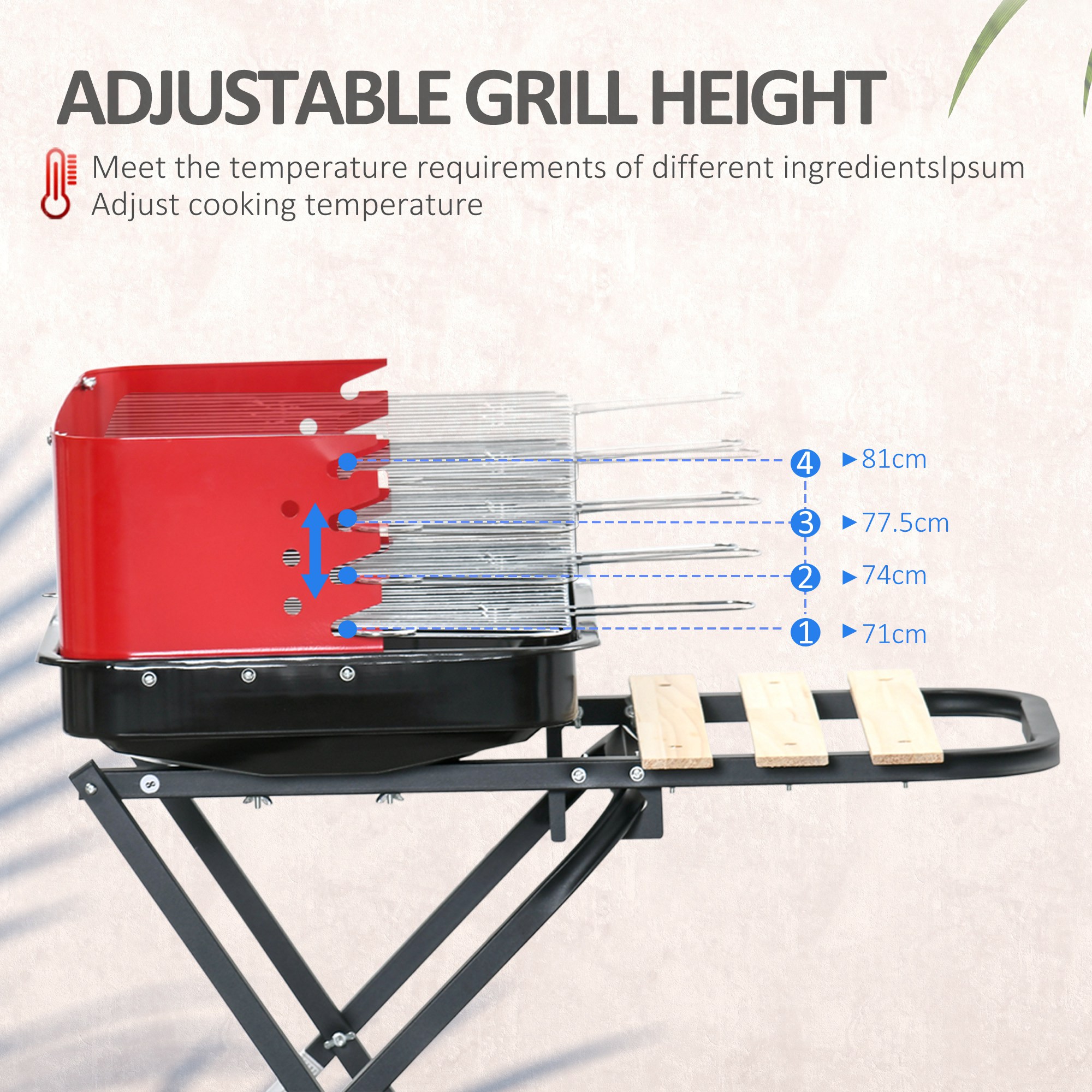 Outsunny Charcoal Trolley BBQ Barbecue Grill Patio Camping Picnic Garden Party Outdoor Cooking with Windshield and Wheels Side Trays, Black/Red 4