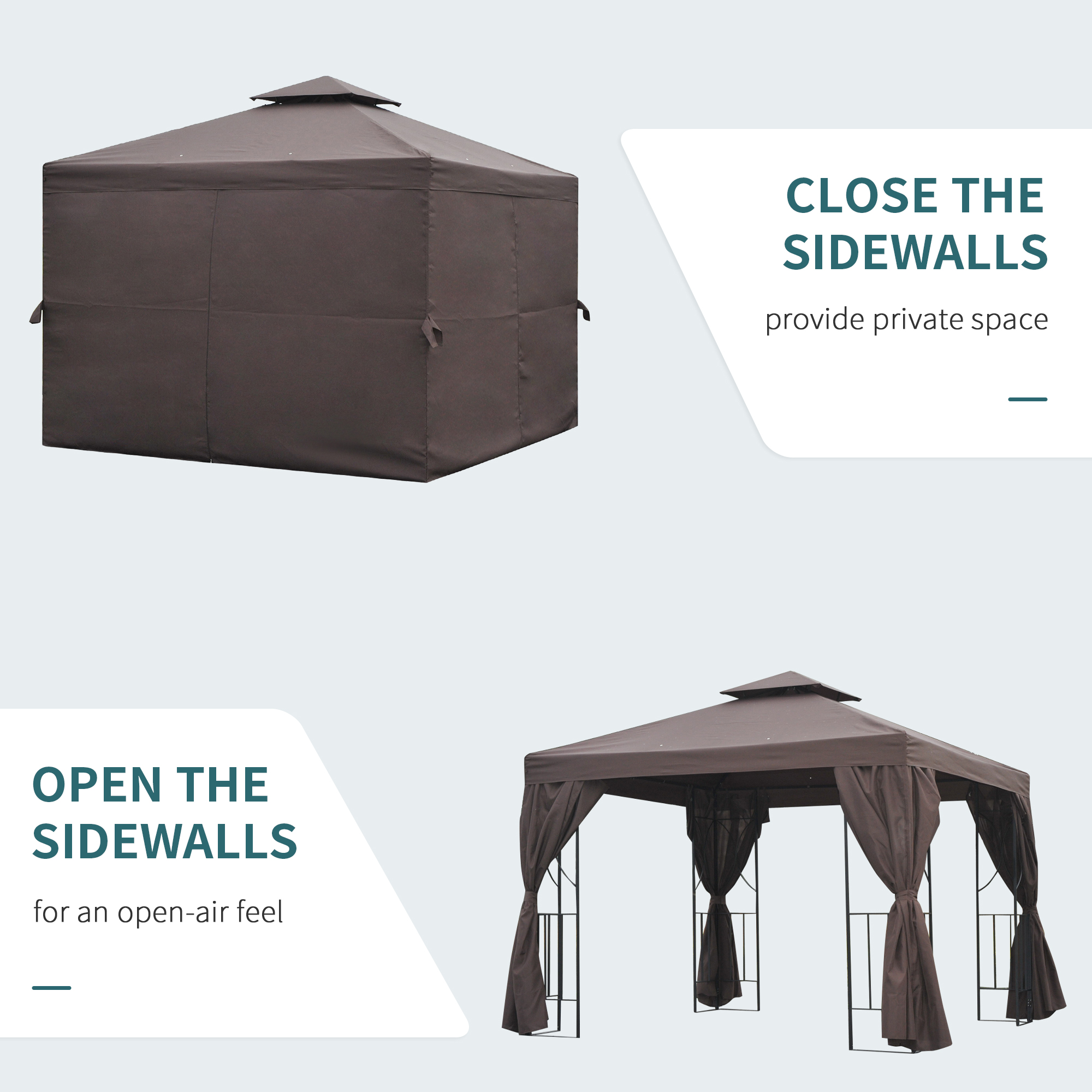 Outsunny 3 x 3 m Garden Gazebo Double Roof Marquee Patio Wedding Party Tent Canopy Shelter with Sidewalls (Brown) 6