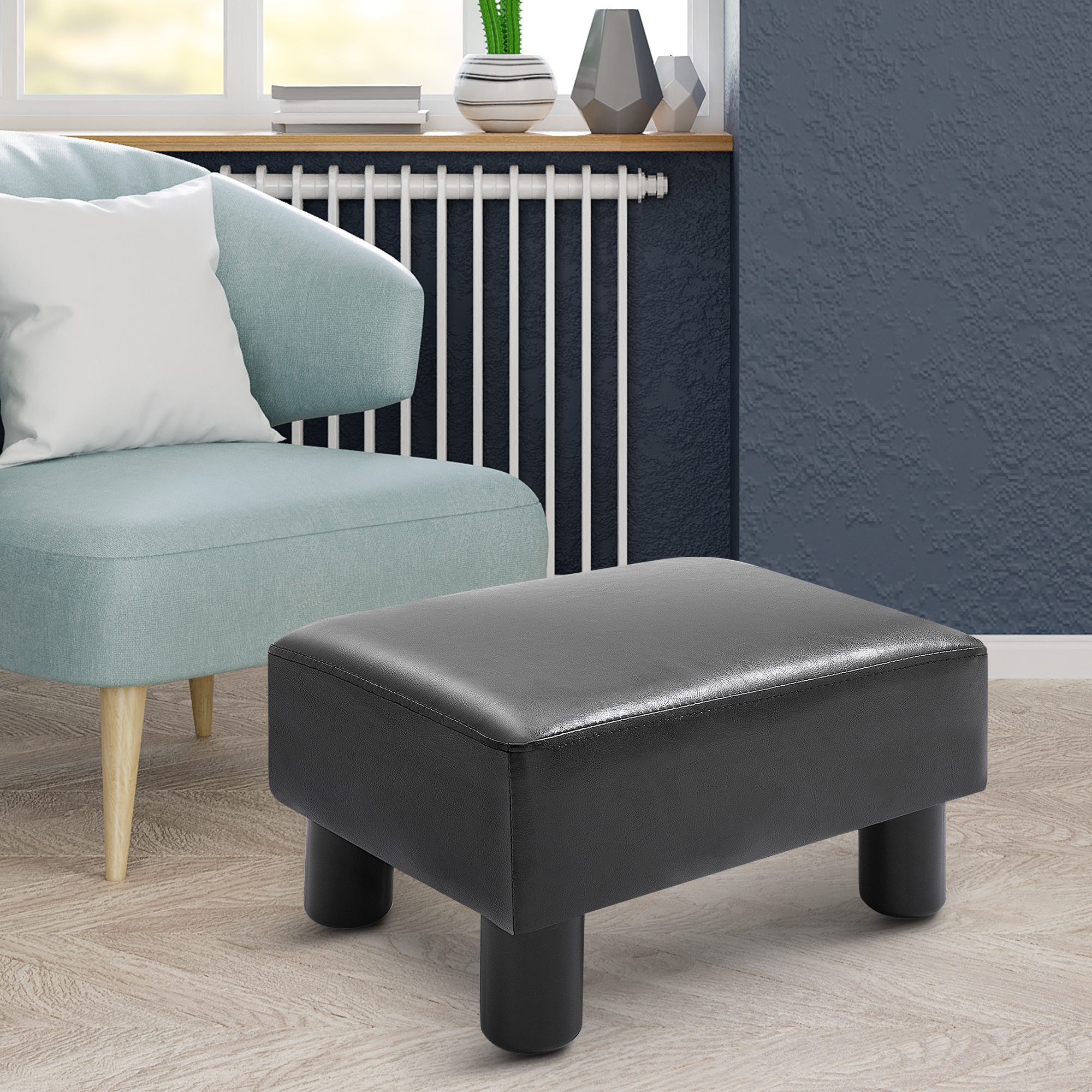 HOMCOM Faux Leather Footstool, Small Foot Rest, Rectangle Sofa Stool for Bedroom Living Room, Black 2
