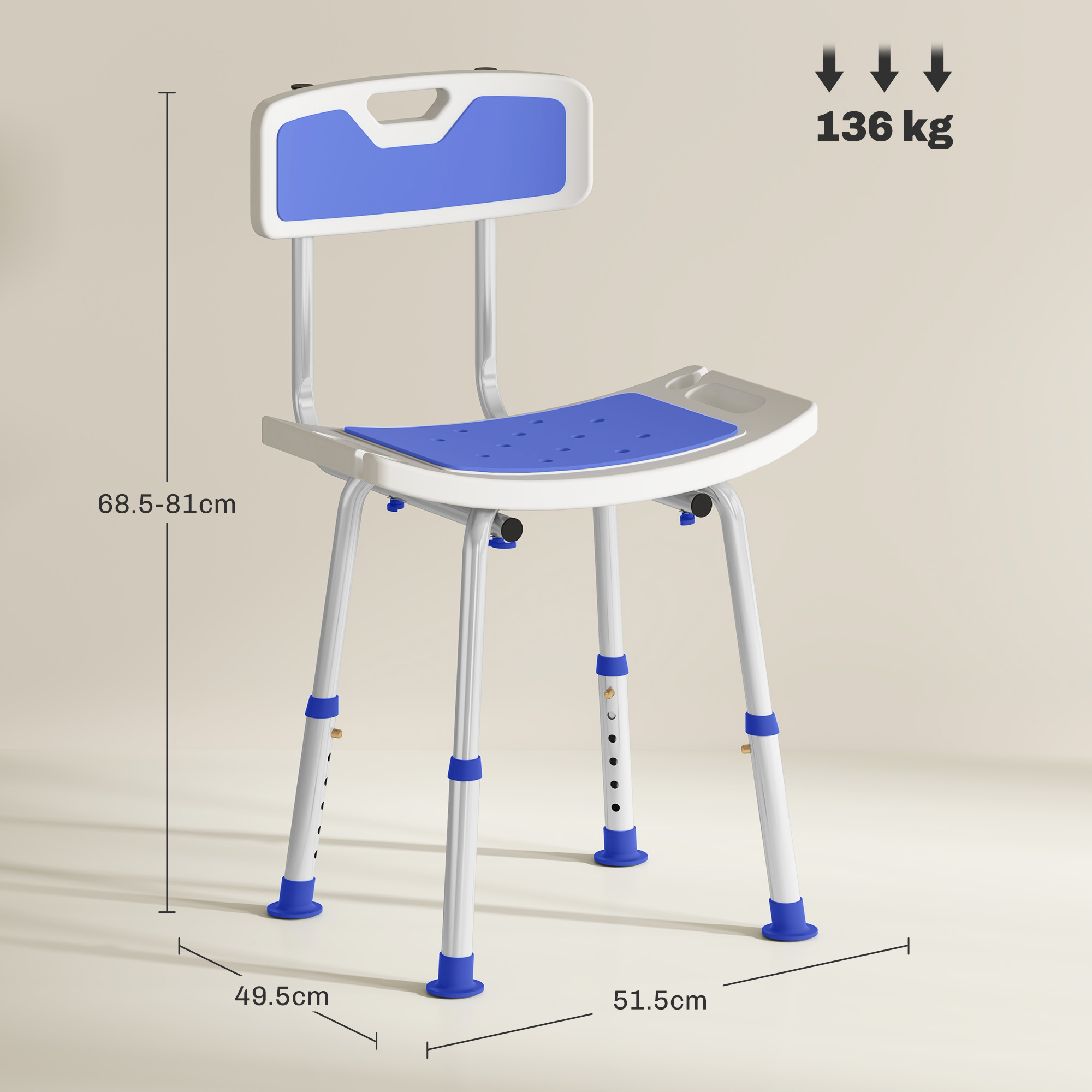 HOMCOM Shower Stool with Backrest, Height Adjustable Shower Chair with Anti-slip Foot Pads, Shower Head Holder, Blue 3