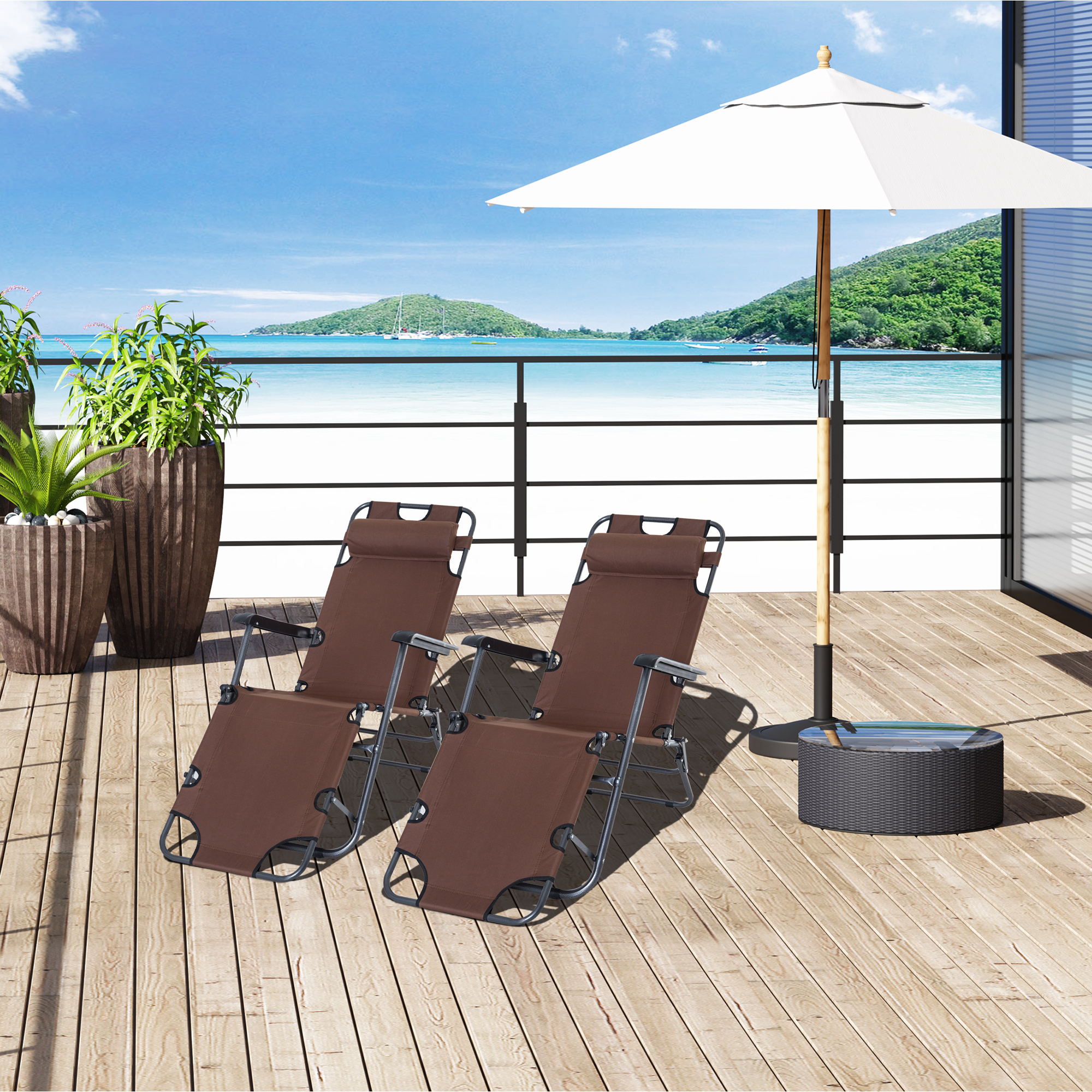 Outsunny 2 in 1 Folding Sun Lounger Reclining Garden Chair Set of 2 with 2-Level Adjustable Backrest, Outdoor Zero Gravity Recliner Garden Chairs with Head Pillow and Armrests, Brown 2