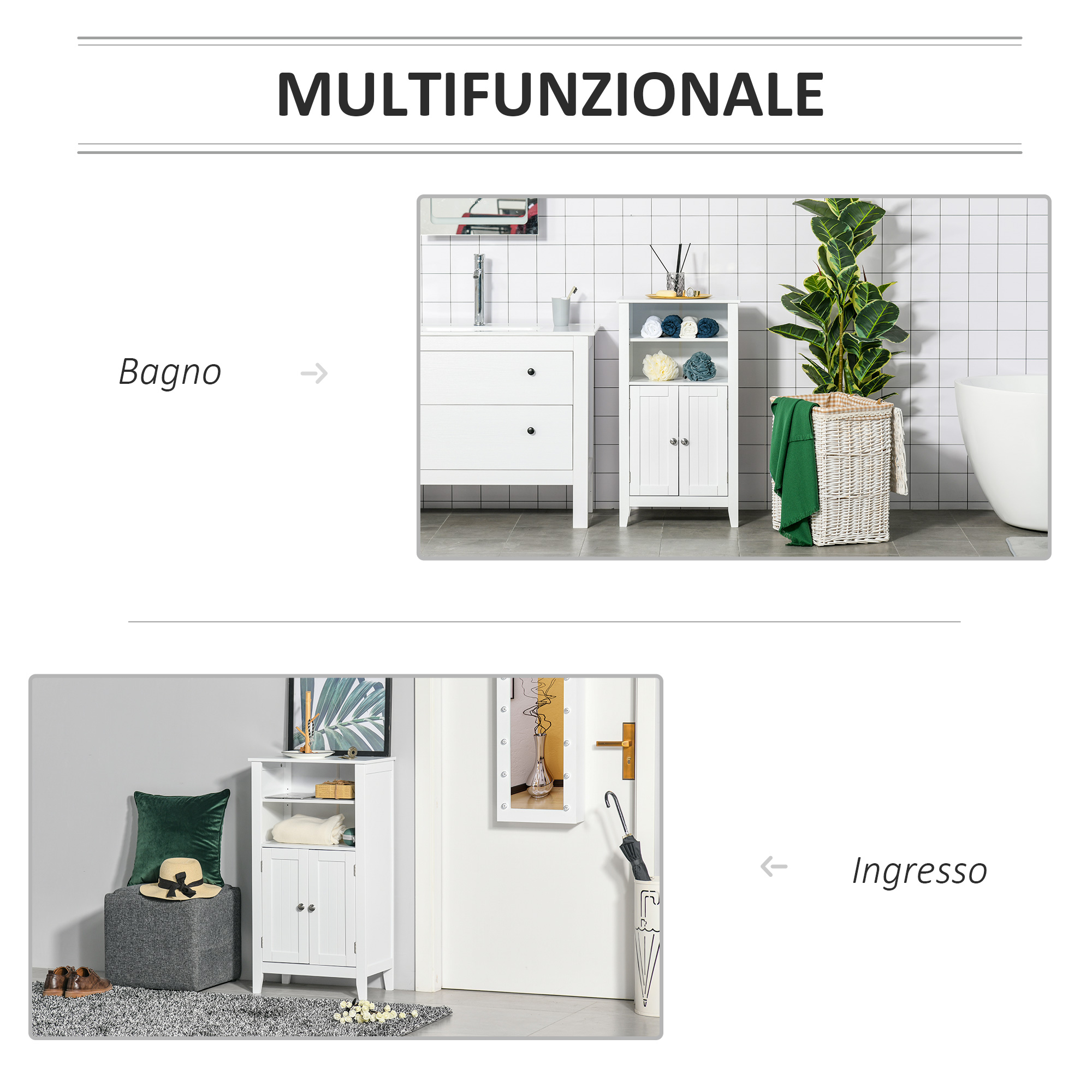Mobile Bagno Kleankin Con 2 Ante E Mensole Regolabili - Legno Bianco 50x30x93 Cm - Multiuso Per Corridoio O Bagno - Foto 9