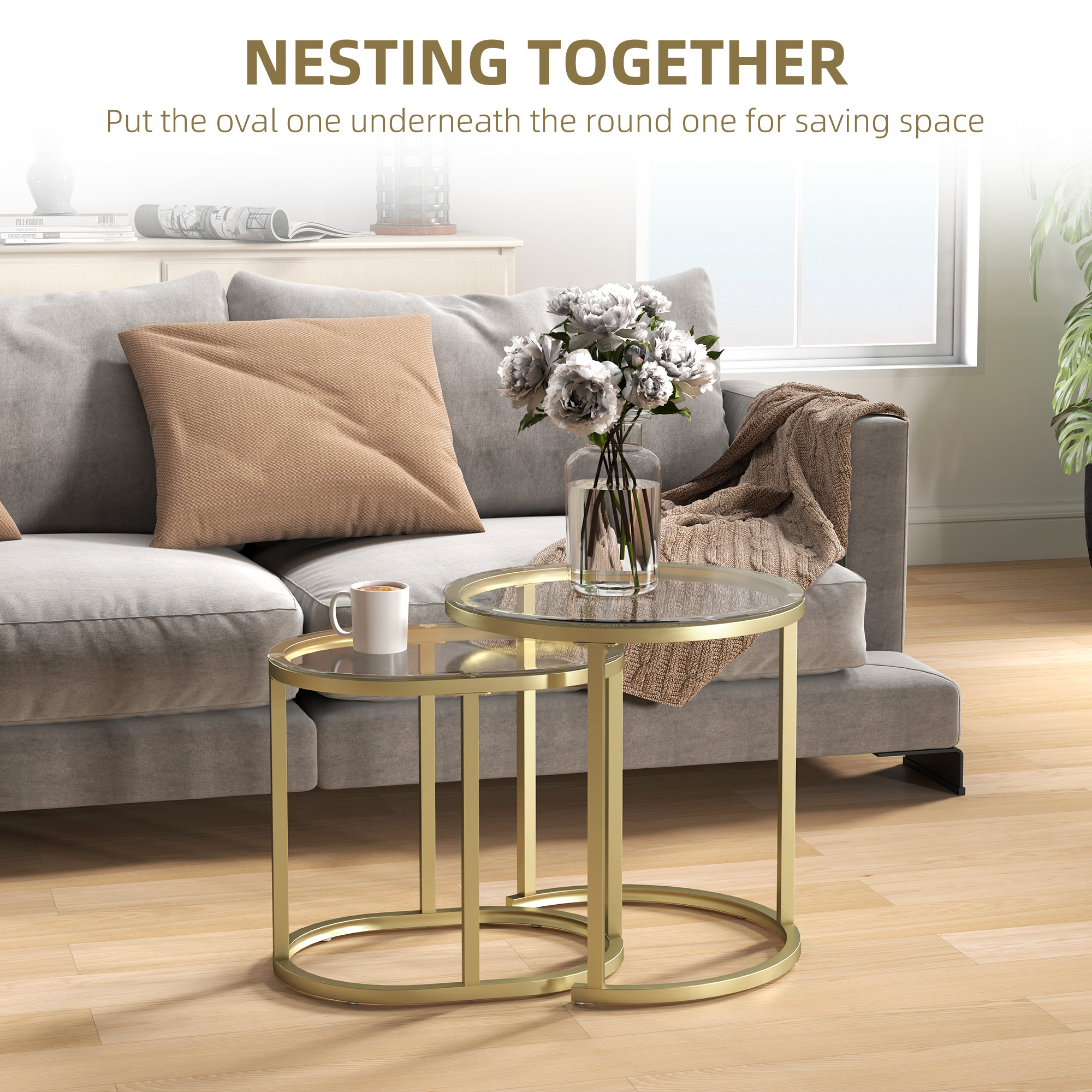 HOMCOM Modern Coffee Table Set of 2, Nest of Tables with Steel Frame and Tempered Glass Tabletop, Side Tables for Living Room Bedroom, Clear 4
