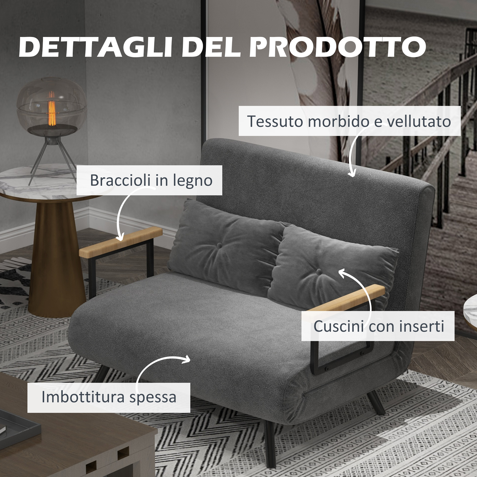 HonTop Divano Letto Pieghevole In Velluto Con Memory Foam | Singolo Con Cuscini Lombari E Testa | Grigio Scuro - 4