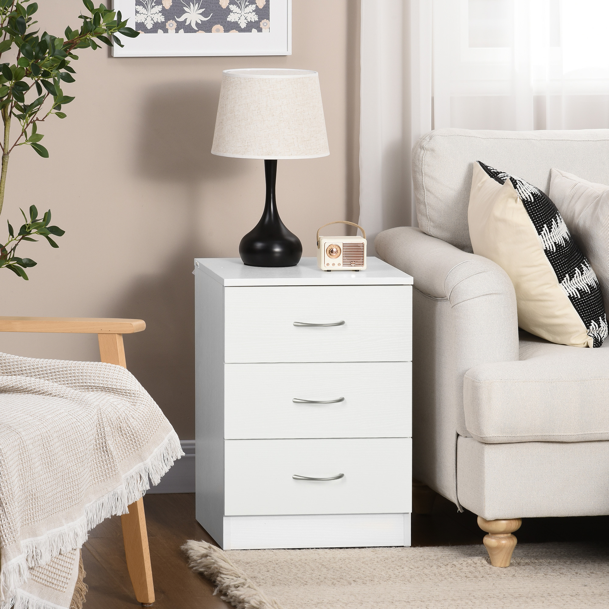 HOMCOM Three-Drawer Simple Bedside Table White 2