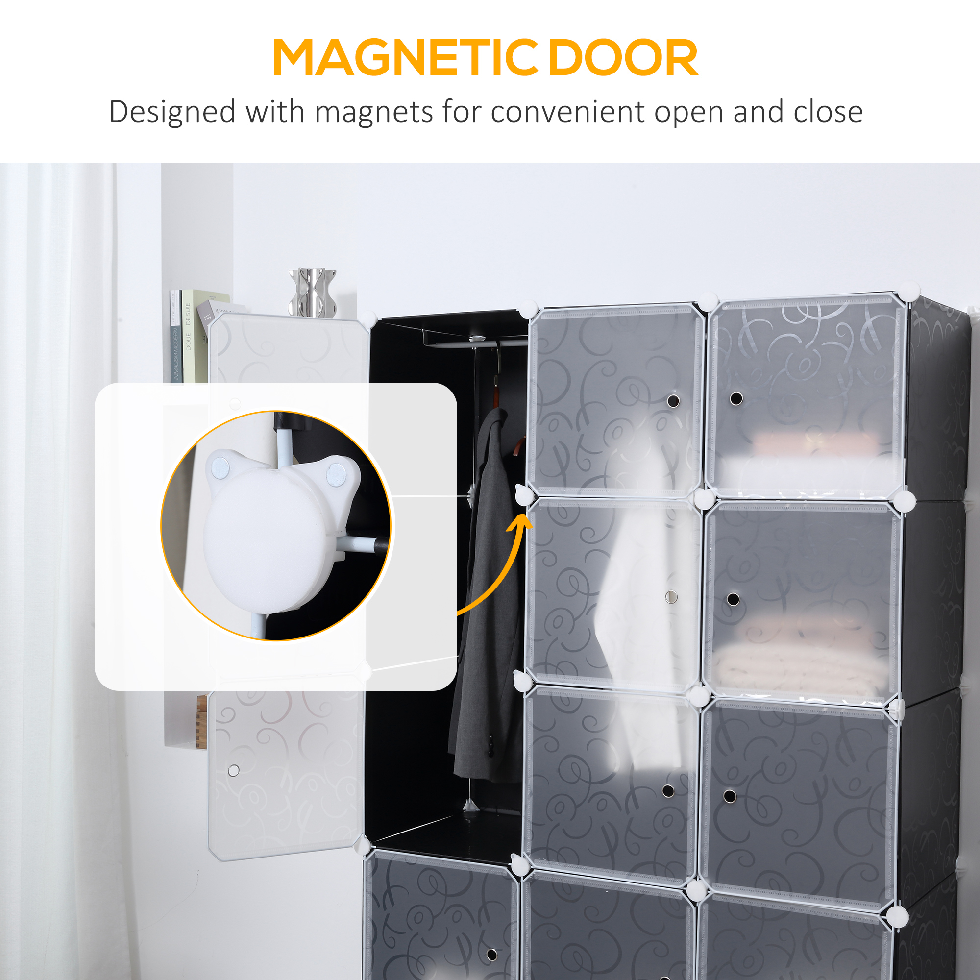 HOMCOM Portable Wardrobe for Bedroom, 15 Cube Closet with Hanging Rail, Modular Storage Cabinet, Plastic Armoire for Space Saving, White and Black 7