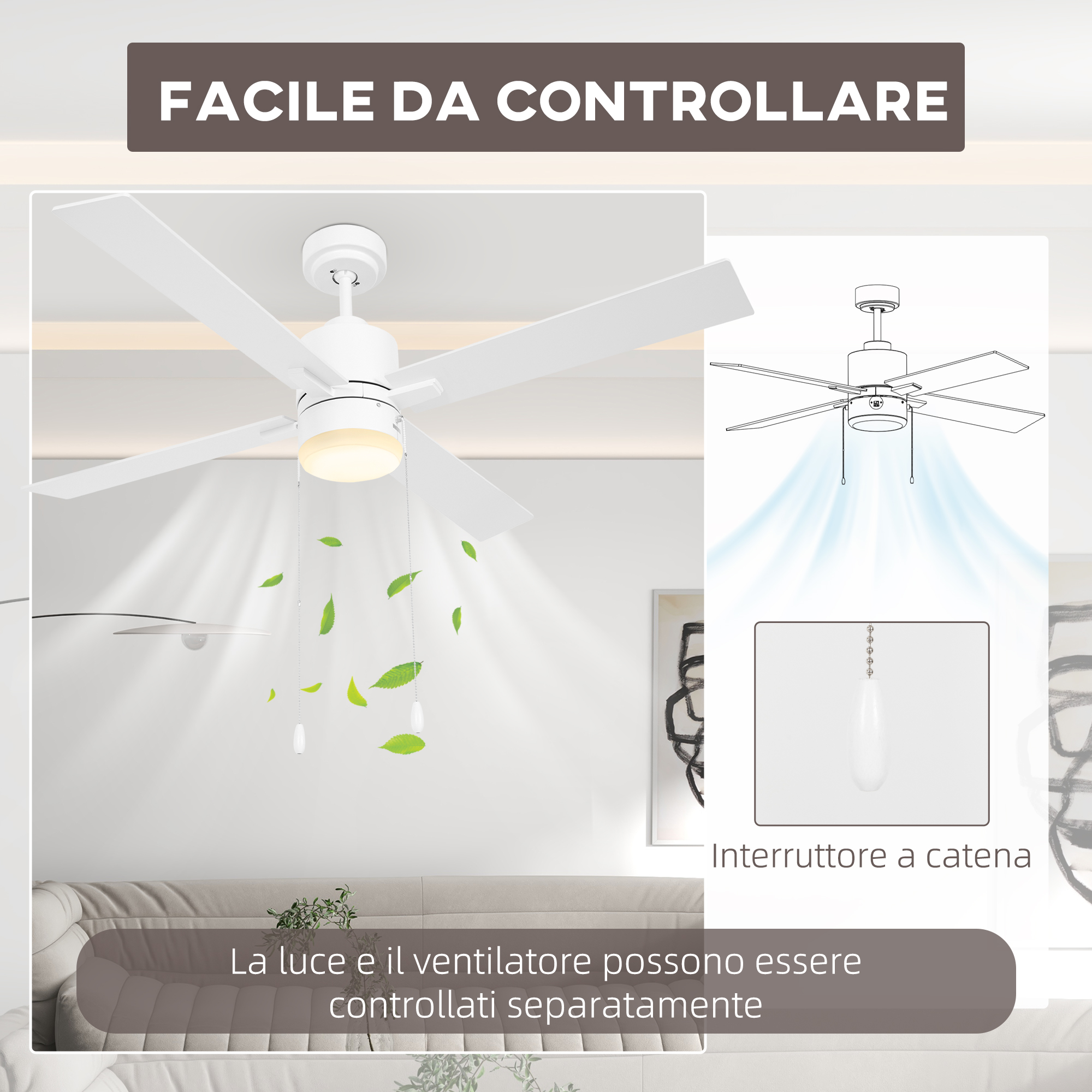 HOMCOM Ventilatore da soffitto con luce LED motore DC 20,5 W diametro 132 cm con