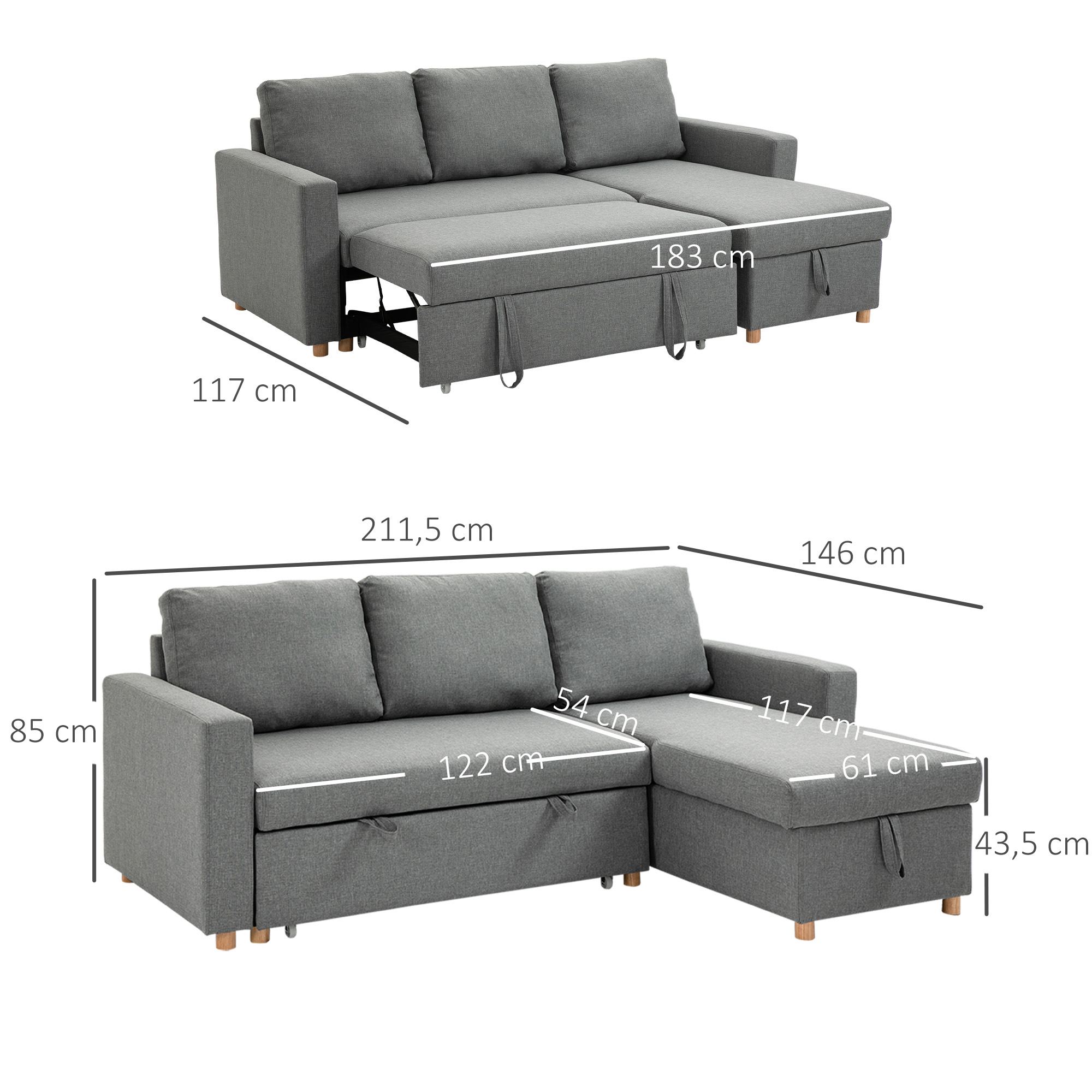 Canapé D'Angle 3 Places Avec Méridienne Réversible - Tissu Lin, 242 Cm, Beige - HOMCOM