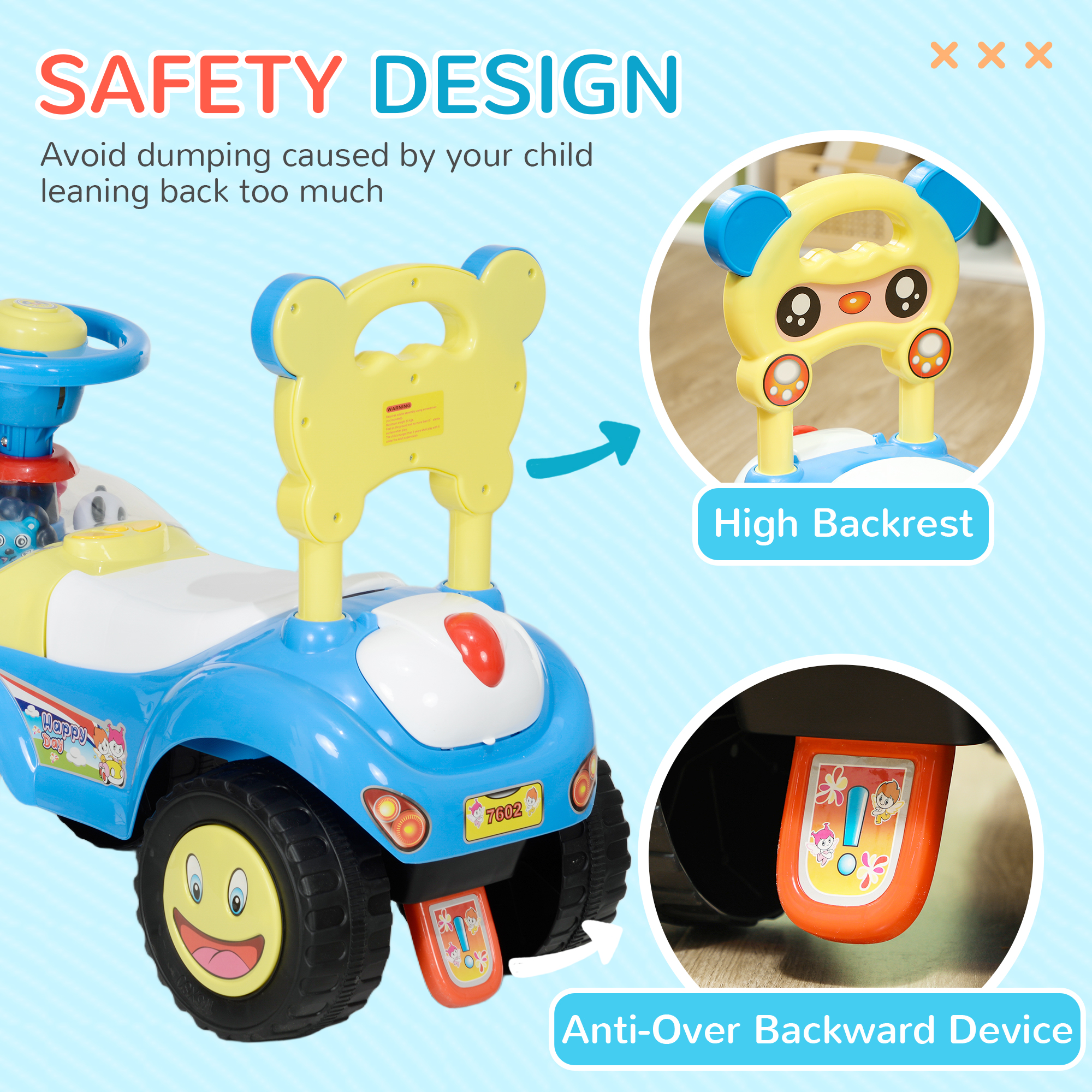 AIYAPLAY Foot to Floor oddler Ride on Toy w/ Music, Light, Horn, Under Seat Storage, Anti-Over-Backwards Device, Blue 4
