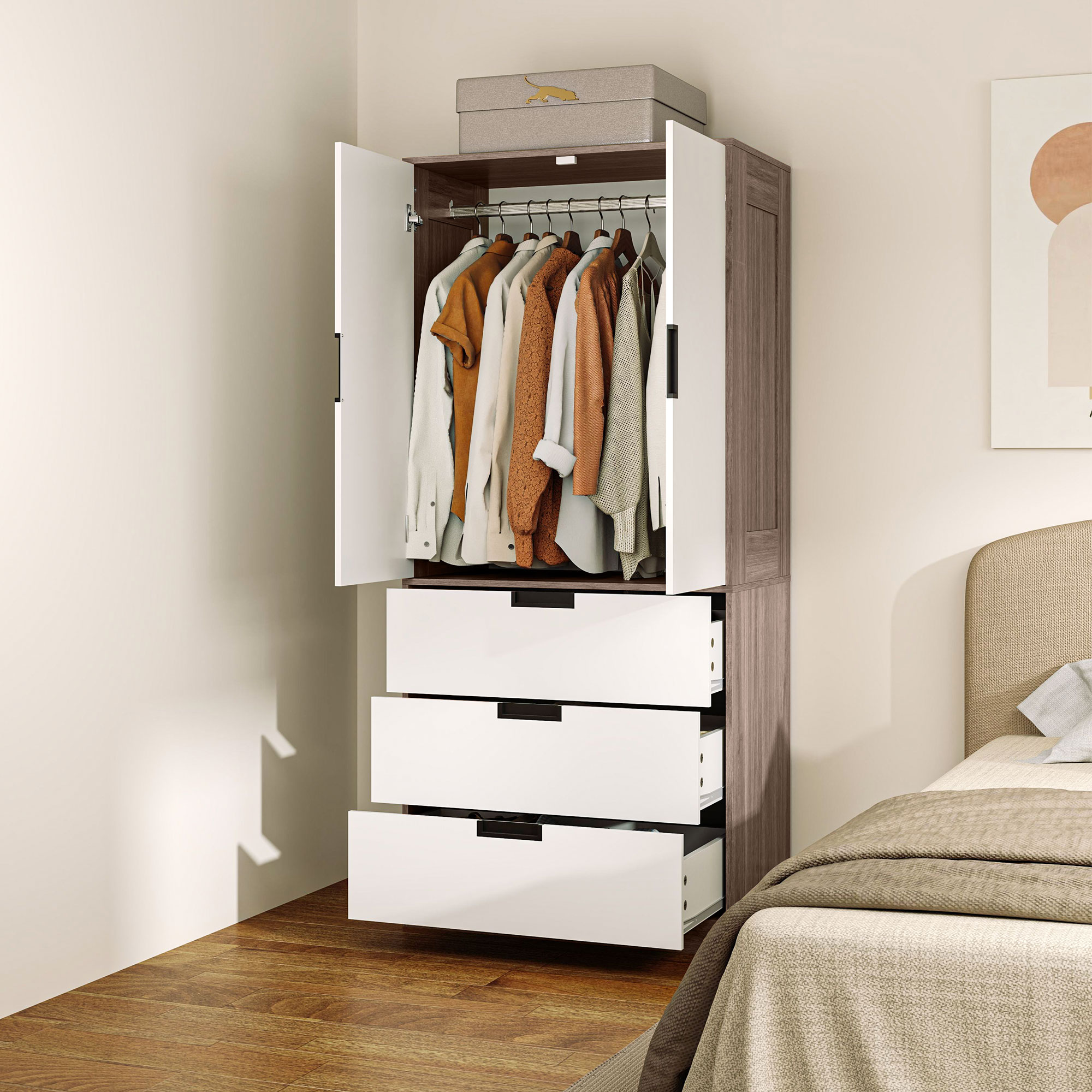 HOMCOM Two Door Wardrobe with drawers for Bedroom Use Family Use, White Brown 2