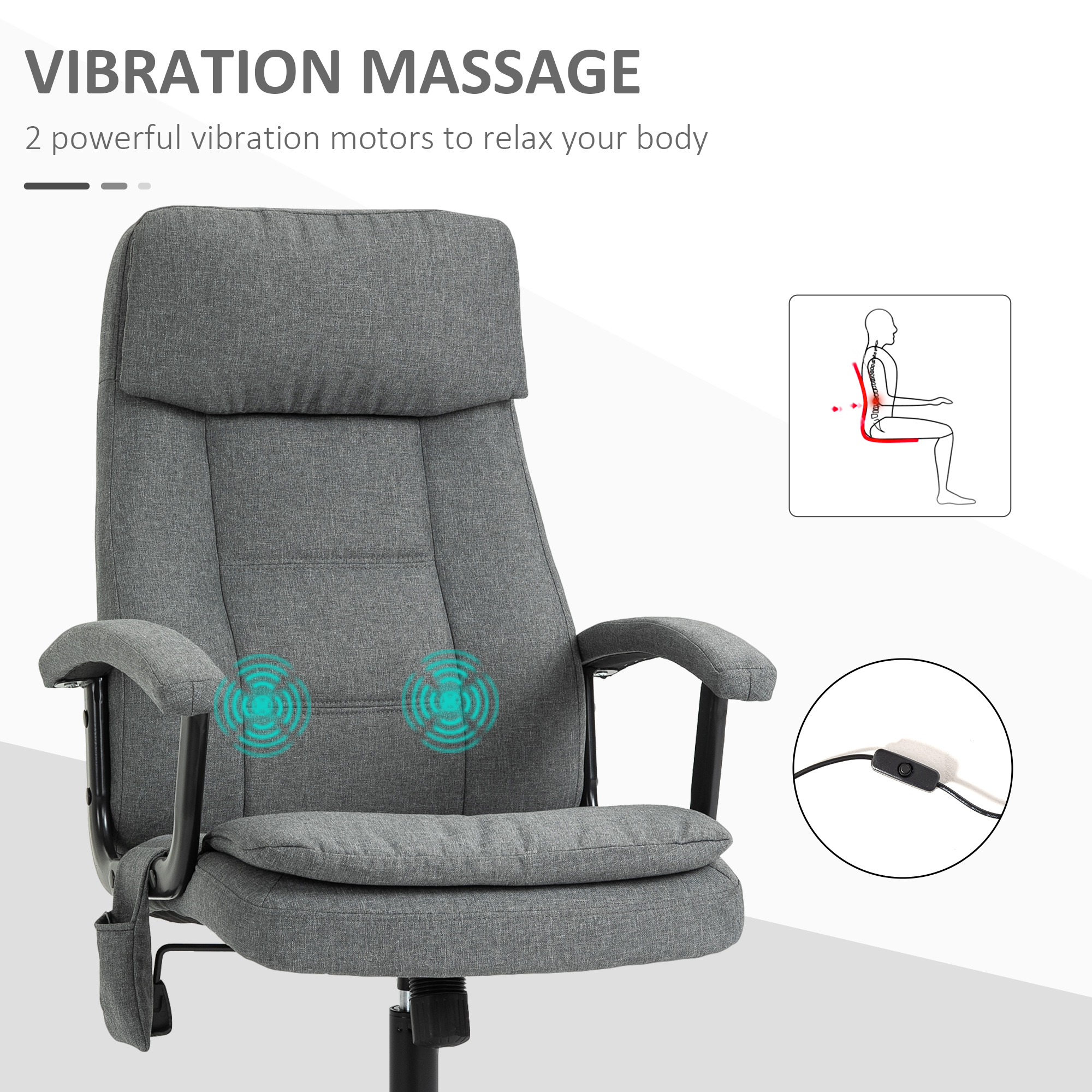 Vinsetto Office Chair, Linen Fabric Desk Chair with 2 Point Massage in Lumbar, Adjustable Height, Rolling Wheels, Grey 5