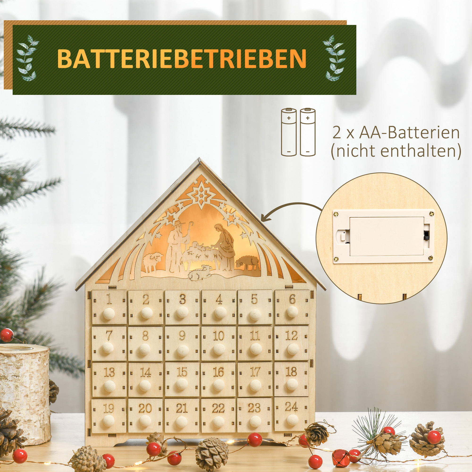 Advendikalender LED-valgustusega, 24 sahtliga, jõulustseen, 26,6x6x30 cm, puiduimitatsioon