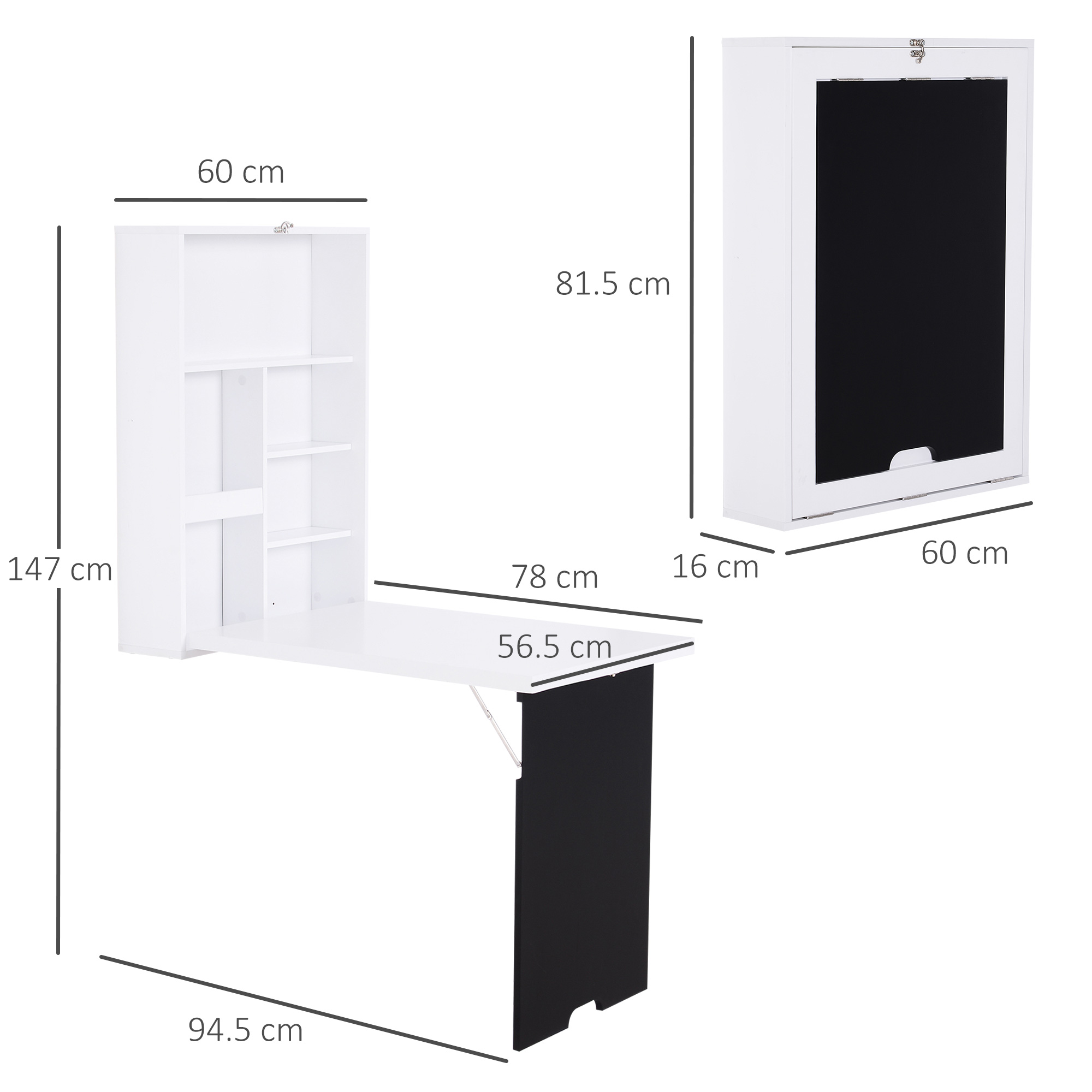 HOMCOM Folding Wall-Mounted Drop-Leaf Table, Convertible Wall Table With Chalkboard and Storage Shelf, Multifunctional Floating Desk for Home Office, White 3