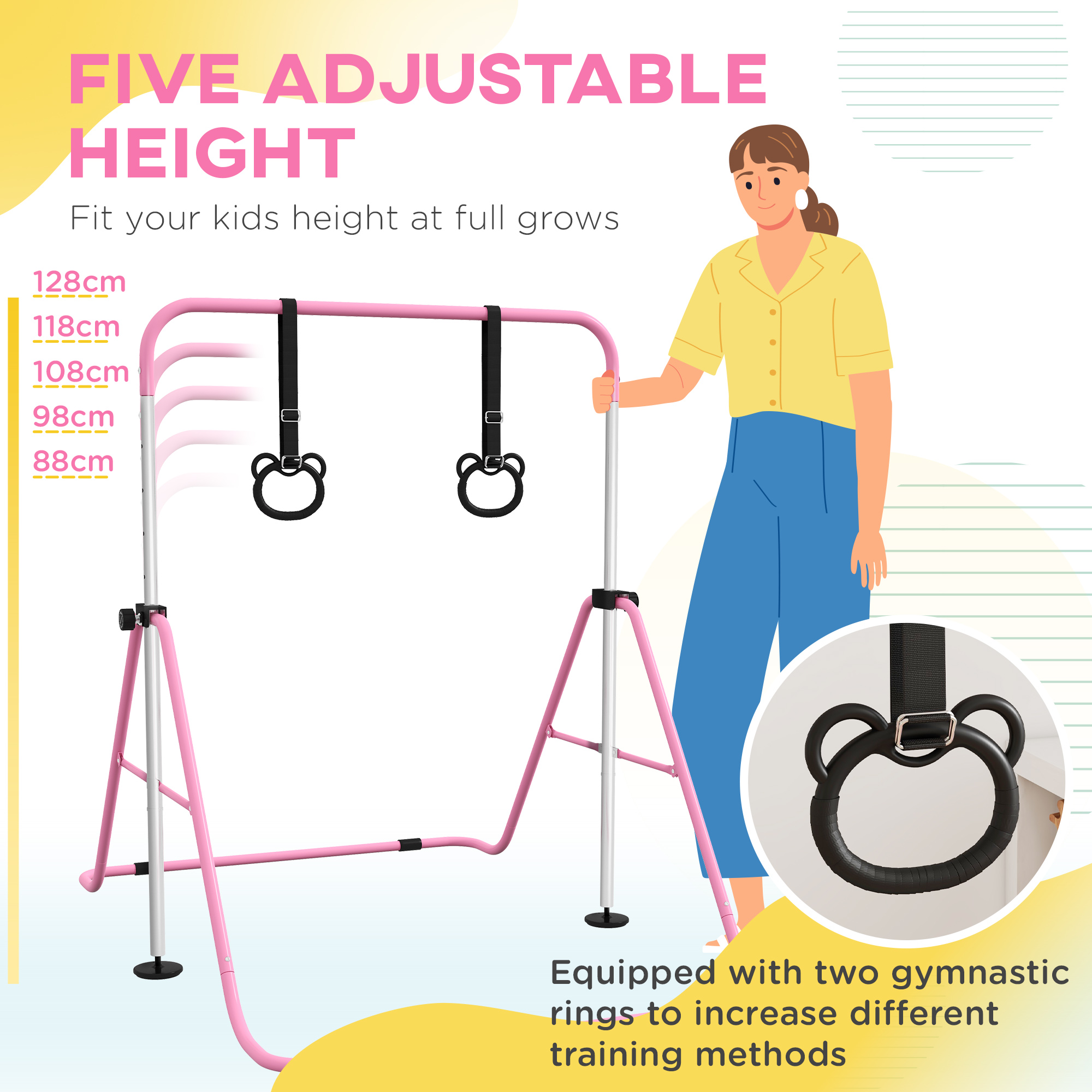 HOMCOM Adjustable Height, Foldable Kids Gymnastics Bar w/ Non-slip Rubber Floor Rings, for 3+ Years, Pink 4