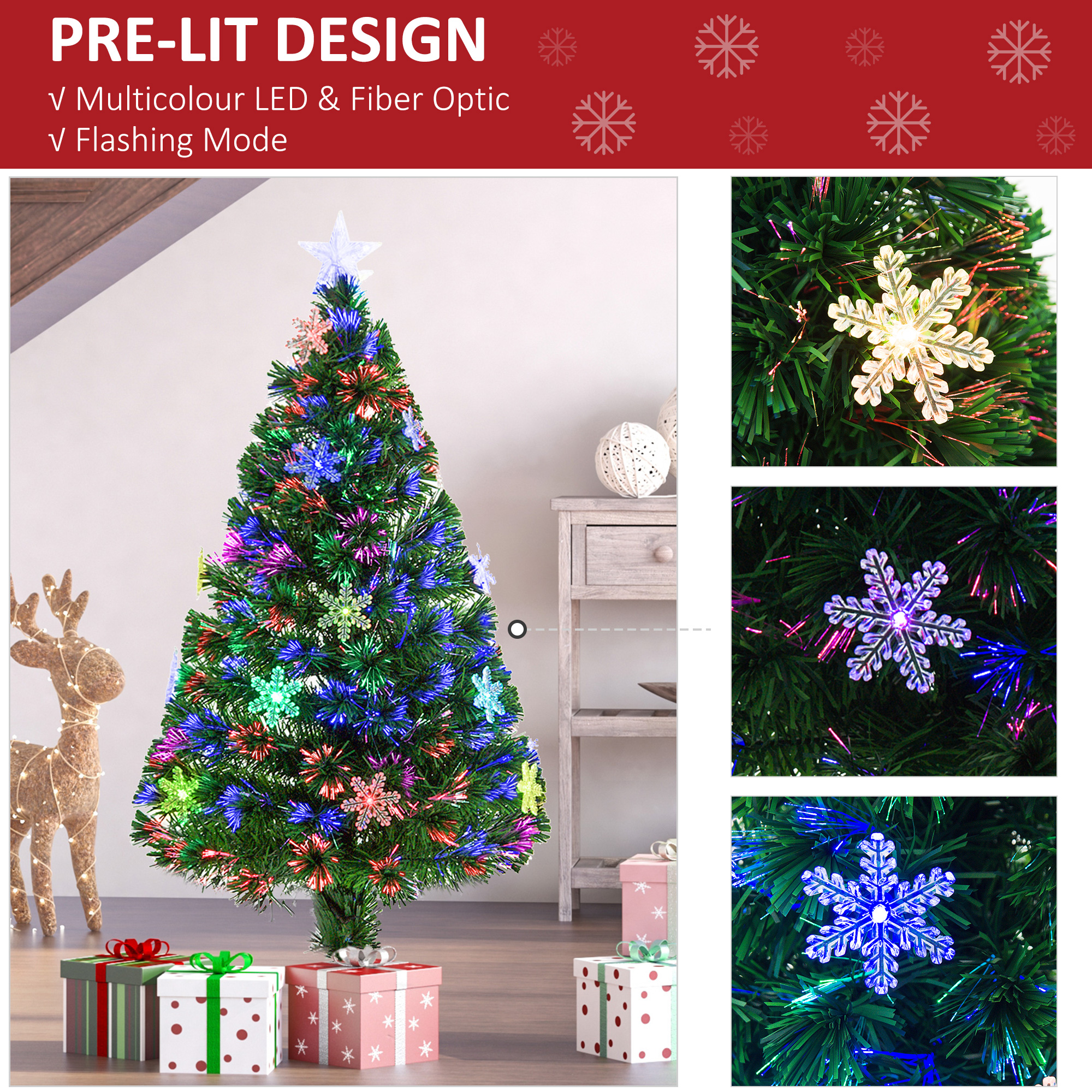HOMCOM 4FT Green Fibre Optic Artificial Christmas Tree Xmas Colourful LED Scattered Tree with Snowflakes Ornaments Fireproofing 4