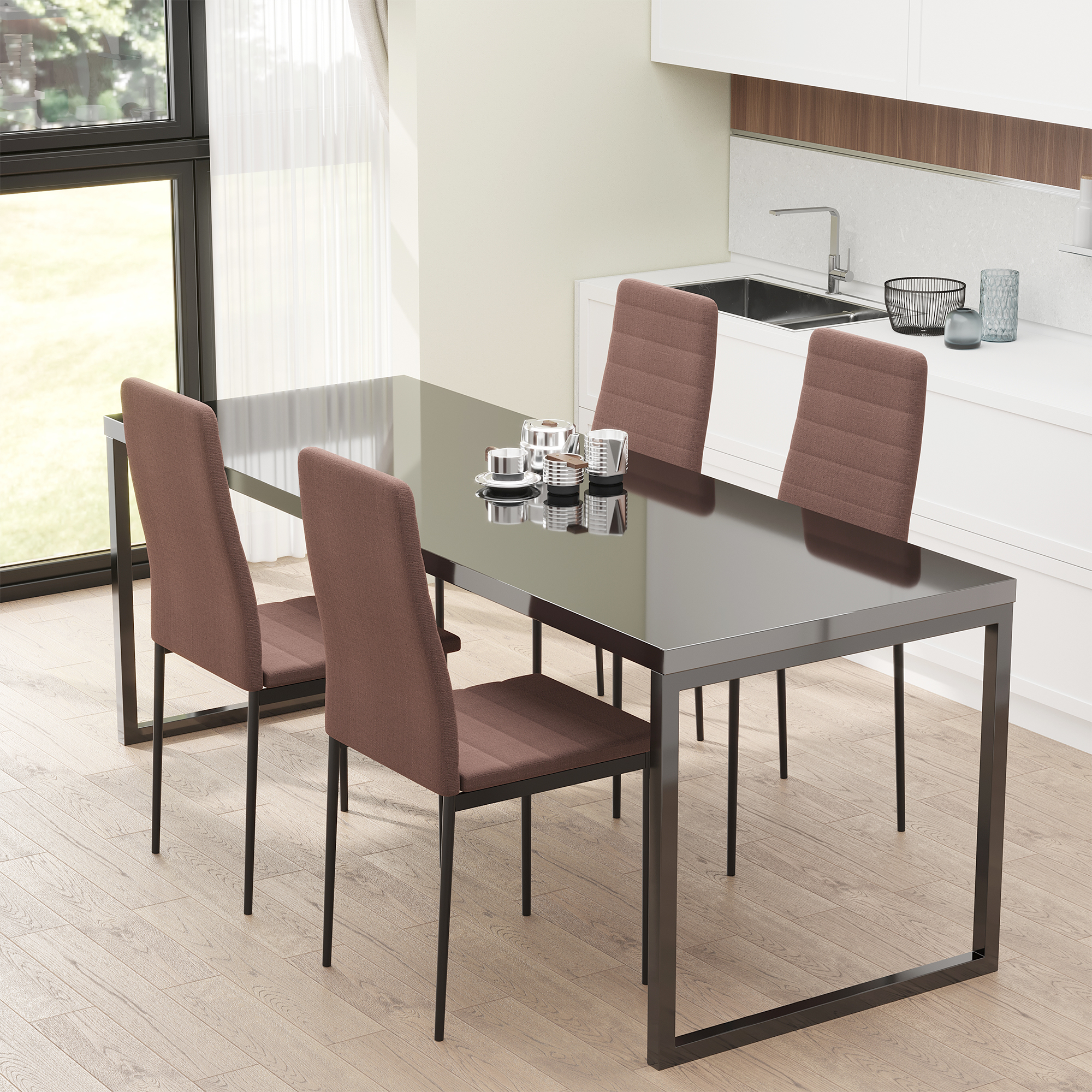 COLAMY Set di 4 sedie da sala da pranzo imbottite in legno con telaio in legno e schienale curvo, sedie moderne in tessuto, beige