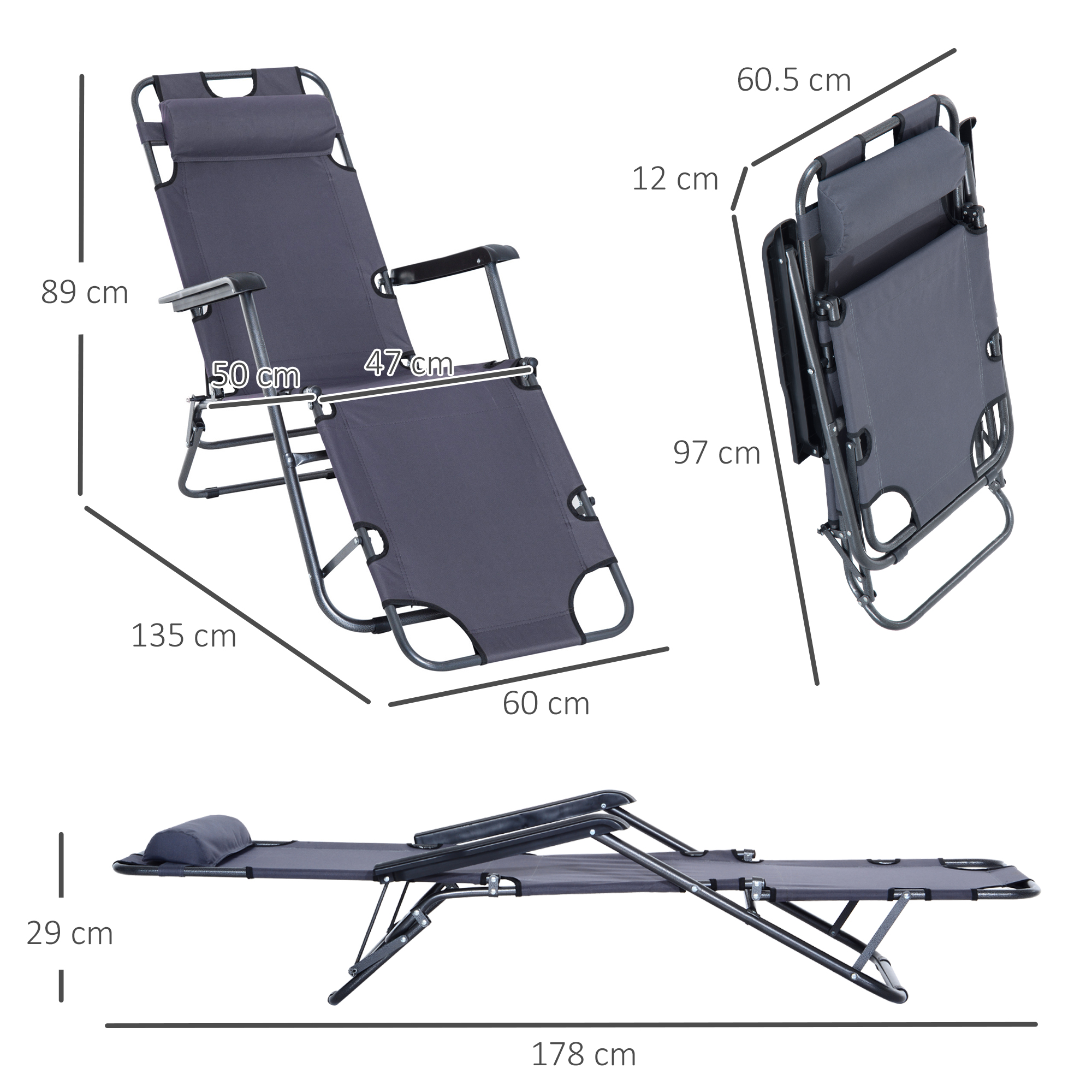 Outsunny 2 in 1 Folding Sun Lounger Reclining Garden Chair with 2-Level Adjustable Backrest, Outdoor Zero Gravity Recliner Garden Chair with Head Pillow and Armrests, Grey 3