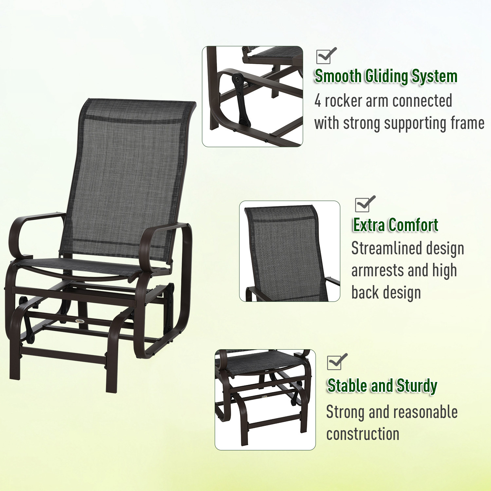 Outsunny 3 Pieces Garden Gliding Chair Set, Metal Frame 2 Single Armchair Swing Seater and 1 Glass Top Coffee Table w/ Breath Mesh Fabric Seat, Brown 5