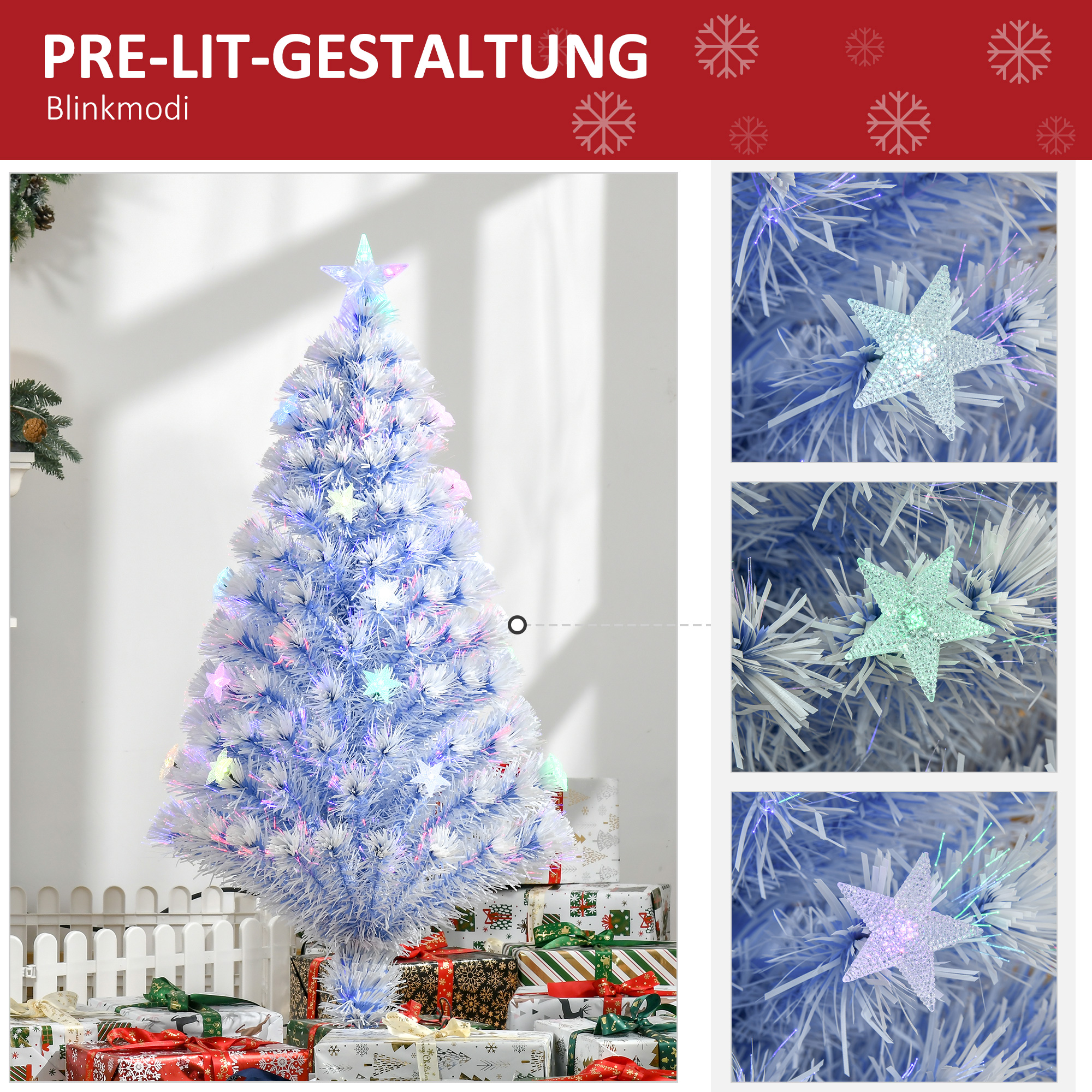 Kunstlik jõulupuu 120 cm, kunstlik jõulupuu fiiberoptika ja LED-valgustusega, 130 otsa, koos terasest alusega siseruumides kasutamiseks, valge+sinine