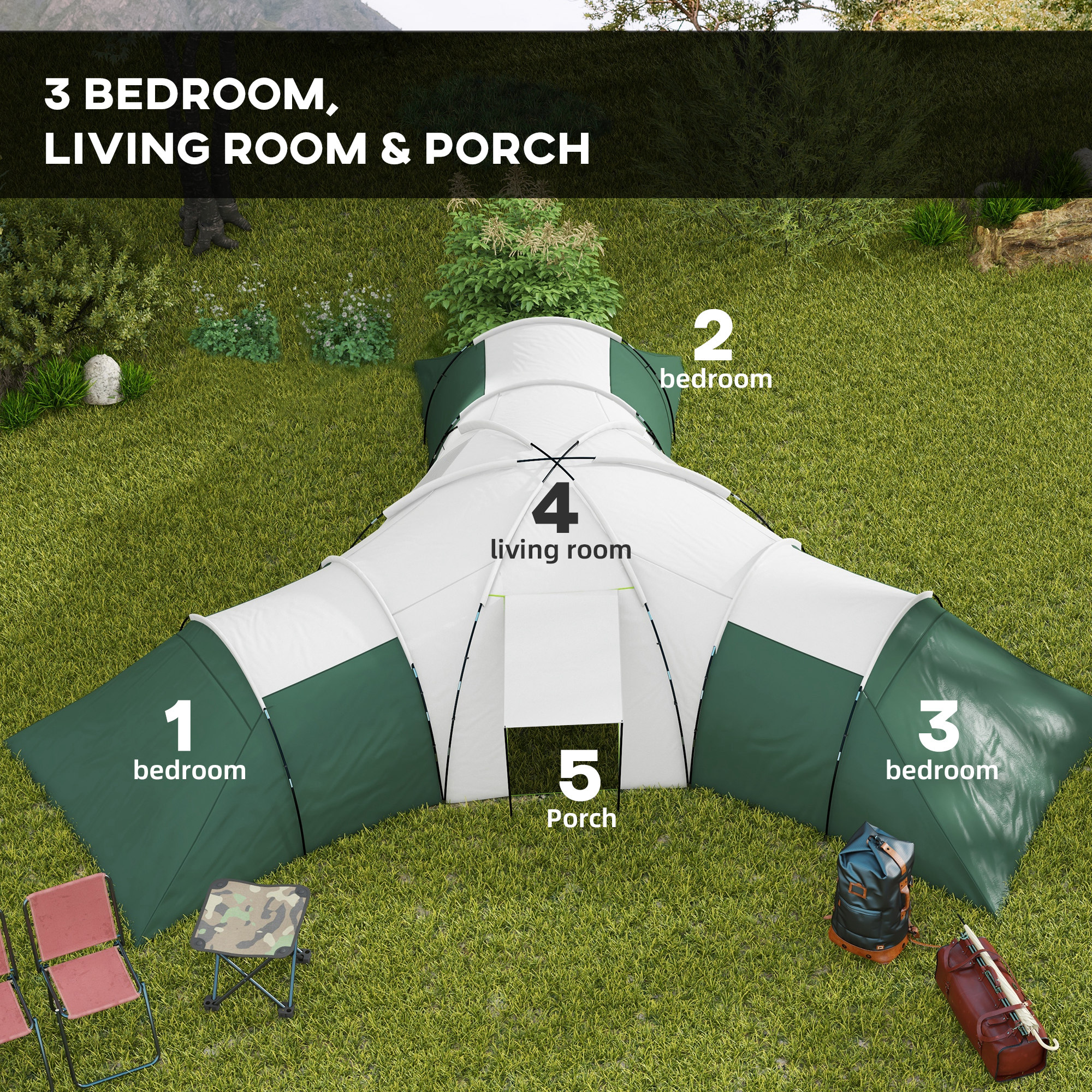 Outsunny 6-9 Man Tent with Bedrooms and Living Room, Accessories Included, Green 4
