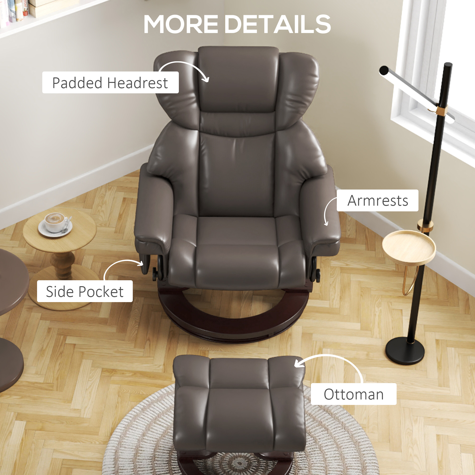 HOMCOM Massage Recliner Chair with Footstool, Upholstered Reclining Armchair with Adjustable Backrest, Steel Frame and Wood Base, Swivel Chair for Living Room, Bedroom, Brown 7